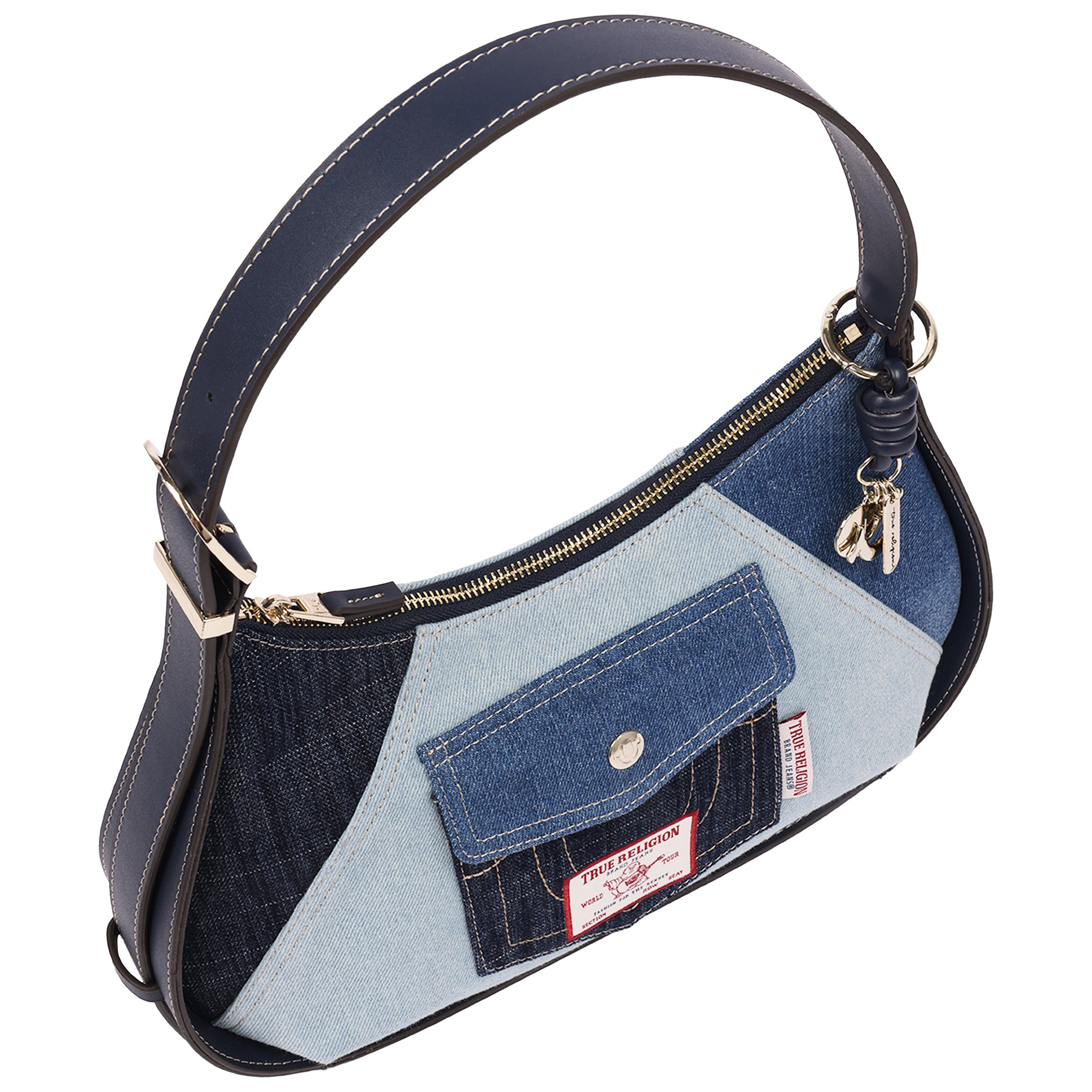 True Religion Color Block Denim Zip Top Hobo Bag with Signature Pocket Detail