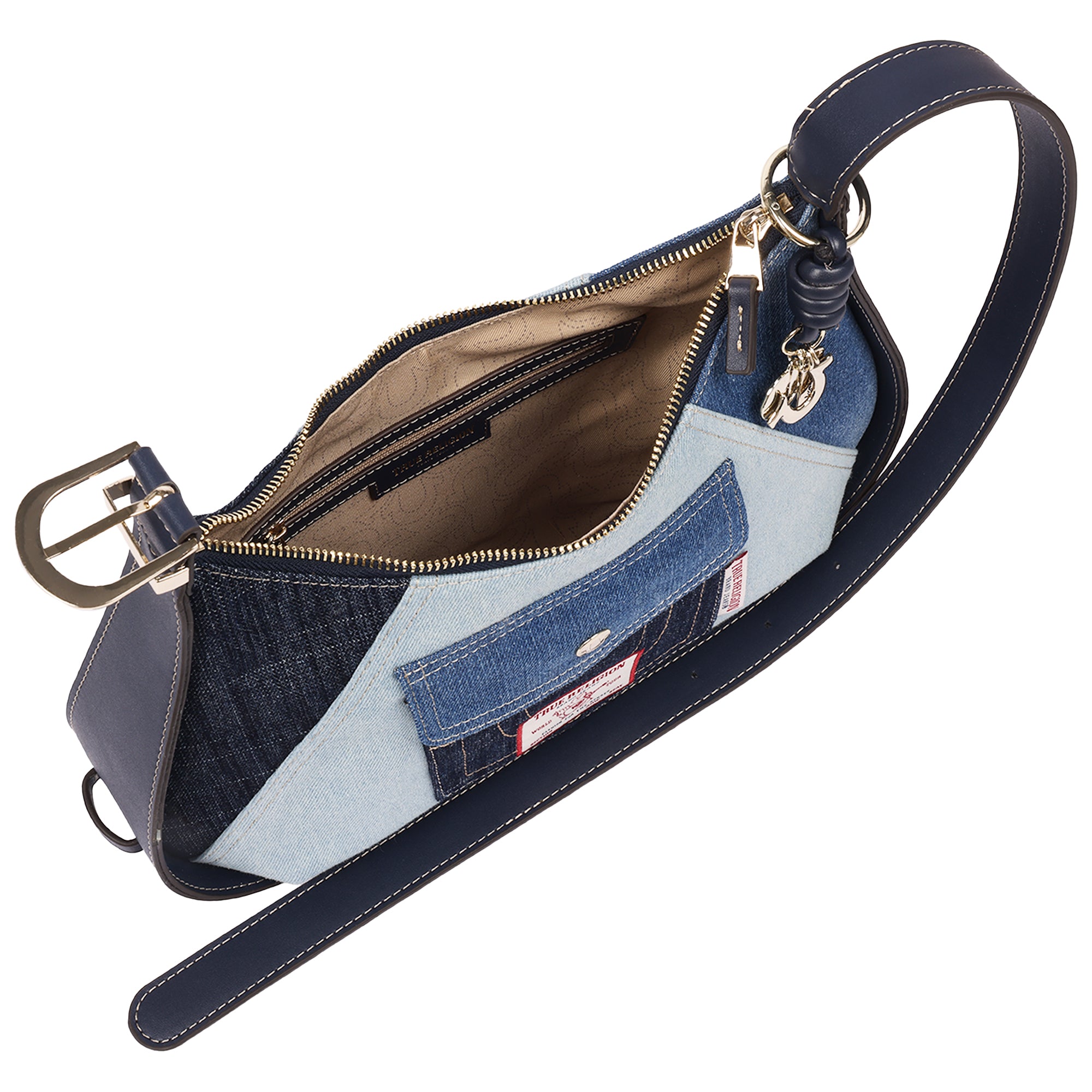 True Religion Color Block Denim Zip Top Hobo Bag with Signature Pocket Detail