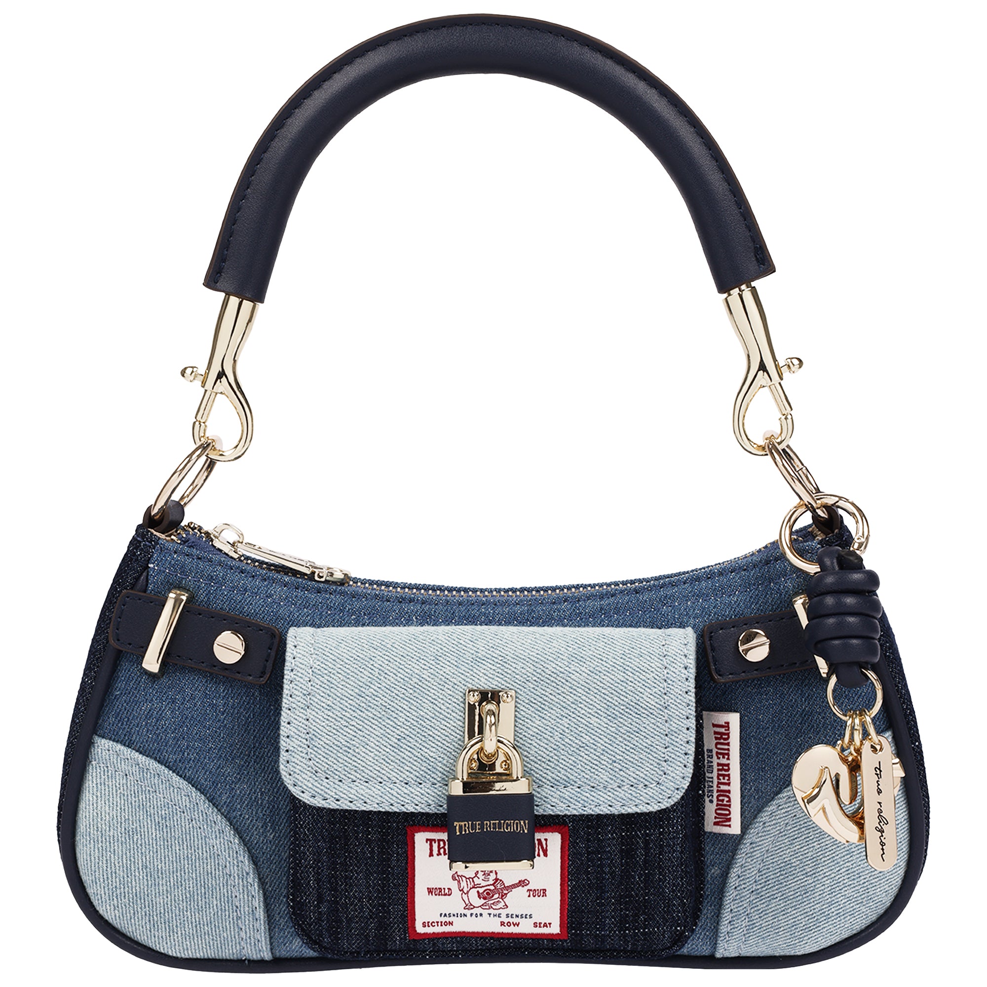 True Religion Color Block Denim Shoulder Bag with Front Flap Pocket and Lock Detail