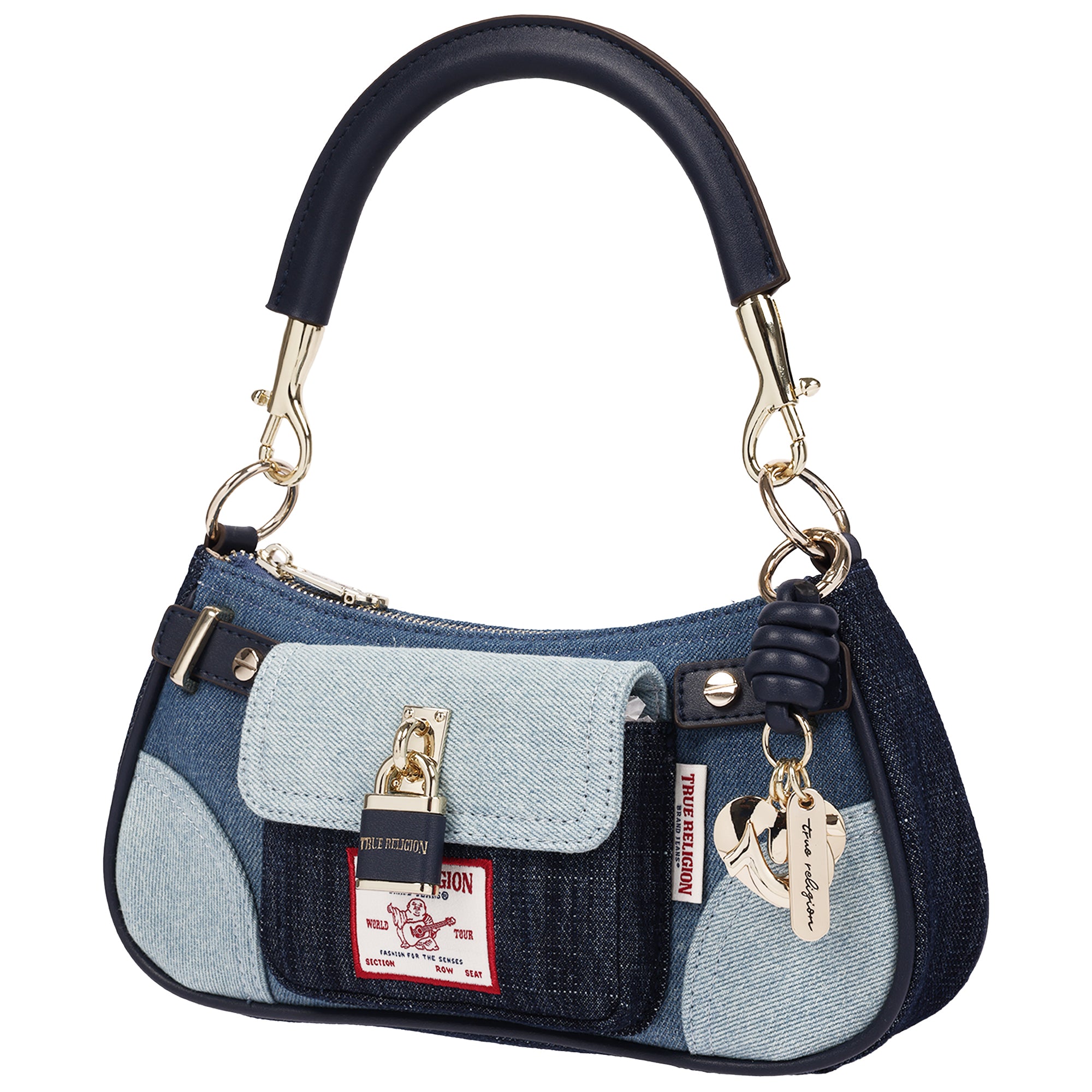 True Religion Color Block Denim Shoulder Bag with Front Flap Pocket and Lock Detail