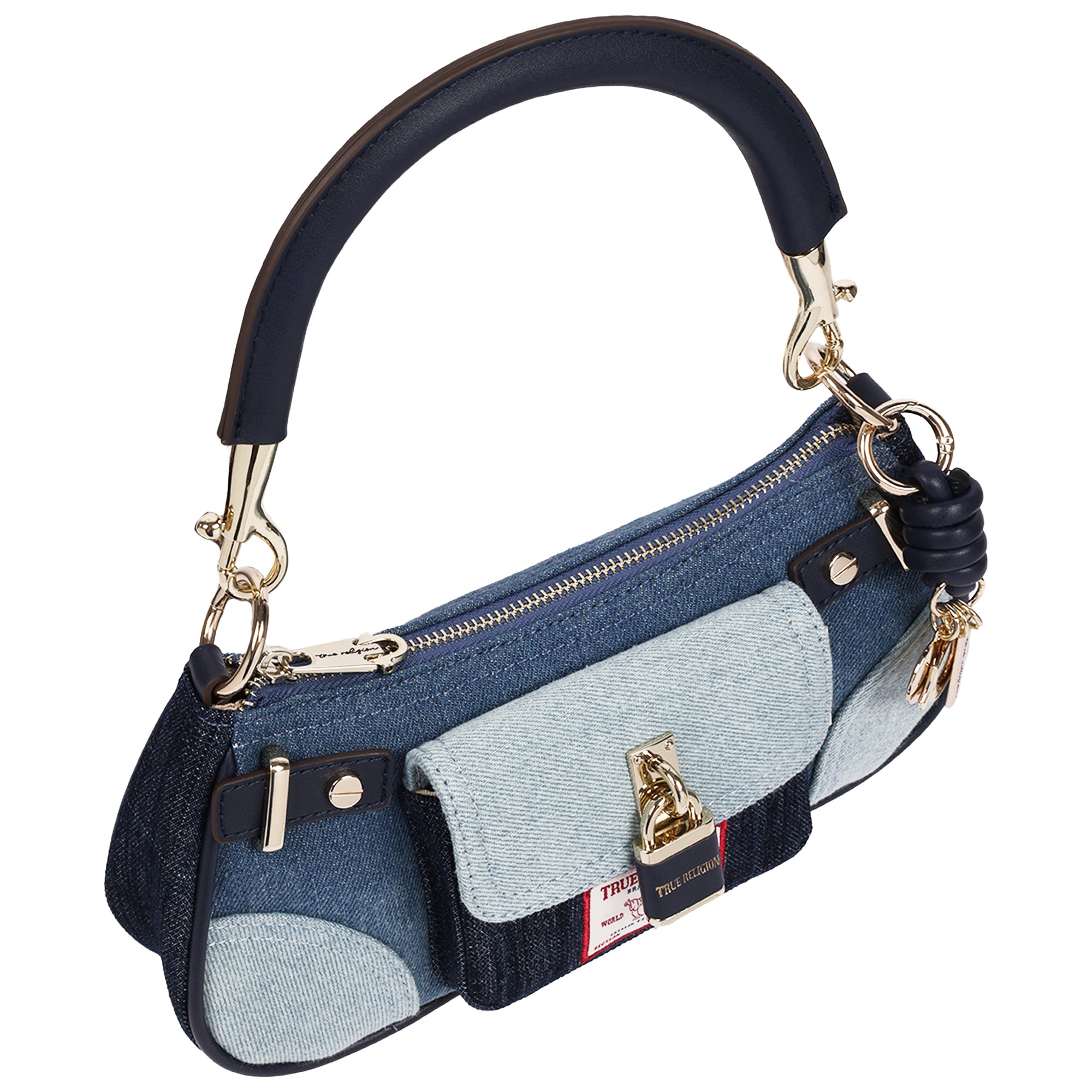 True Religion Color Block Denim Shoulder Bag with Front Flap Pocket and Lock Detail