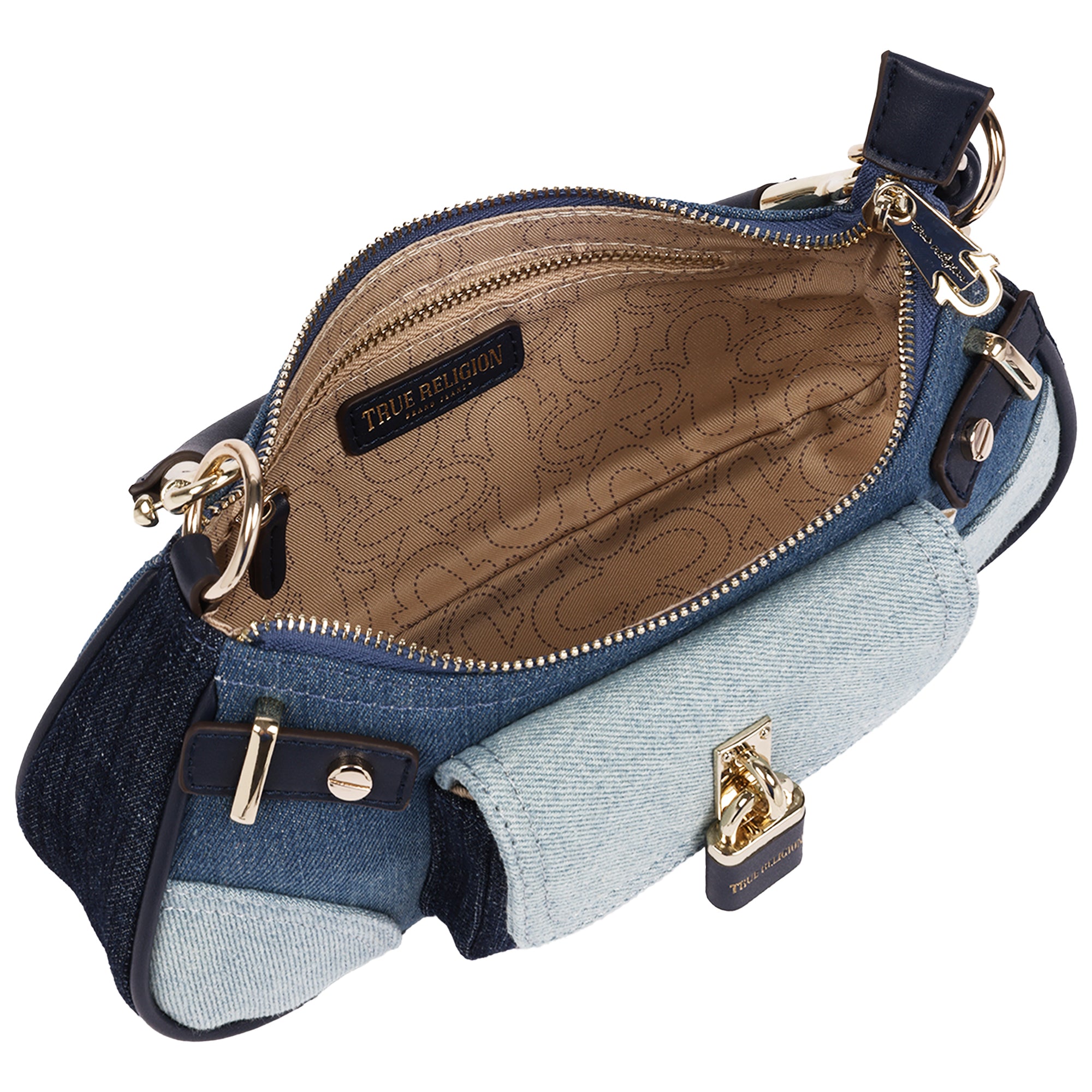 True Religion Color Block Denim Shoulder Bag with Front Flap Pocket and Lock Detail