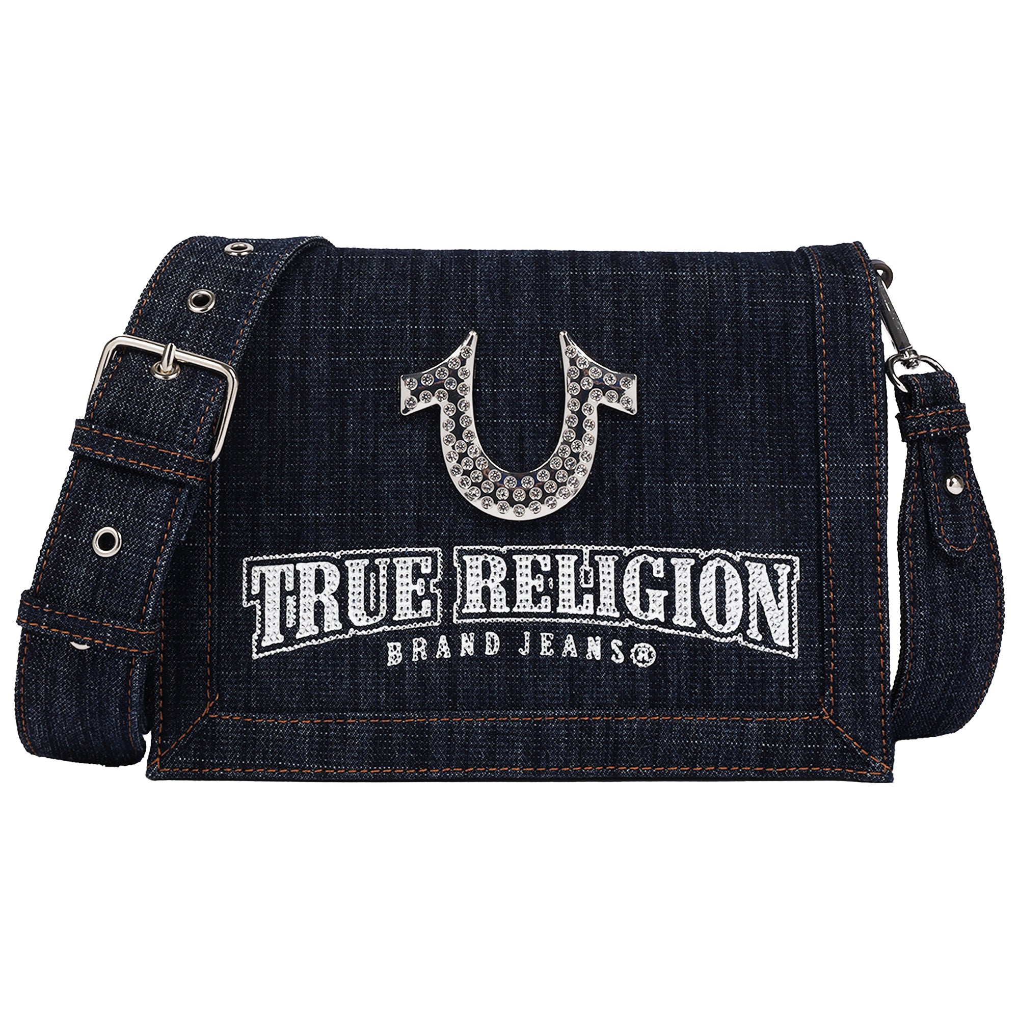 True Religion Bling Horseshoe Denim Messenger Bag with Adjustable Strap