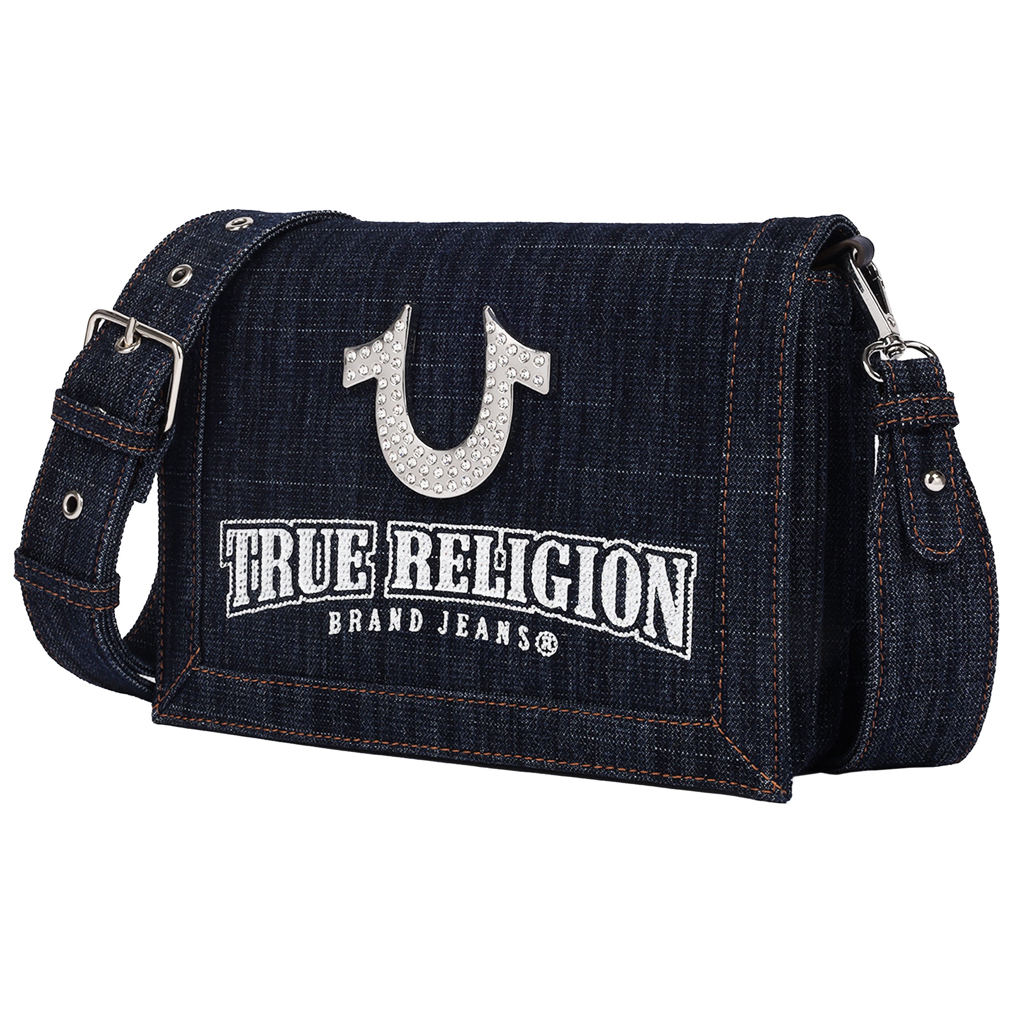 True Religion Bling Horseshoe Denim Messenger Bag with Adjustable Strap