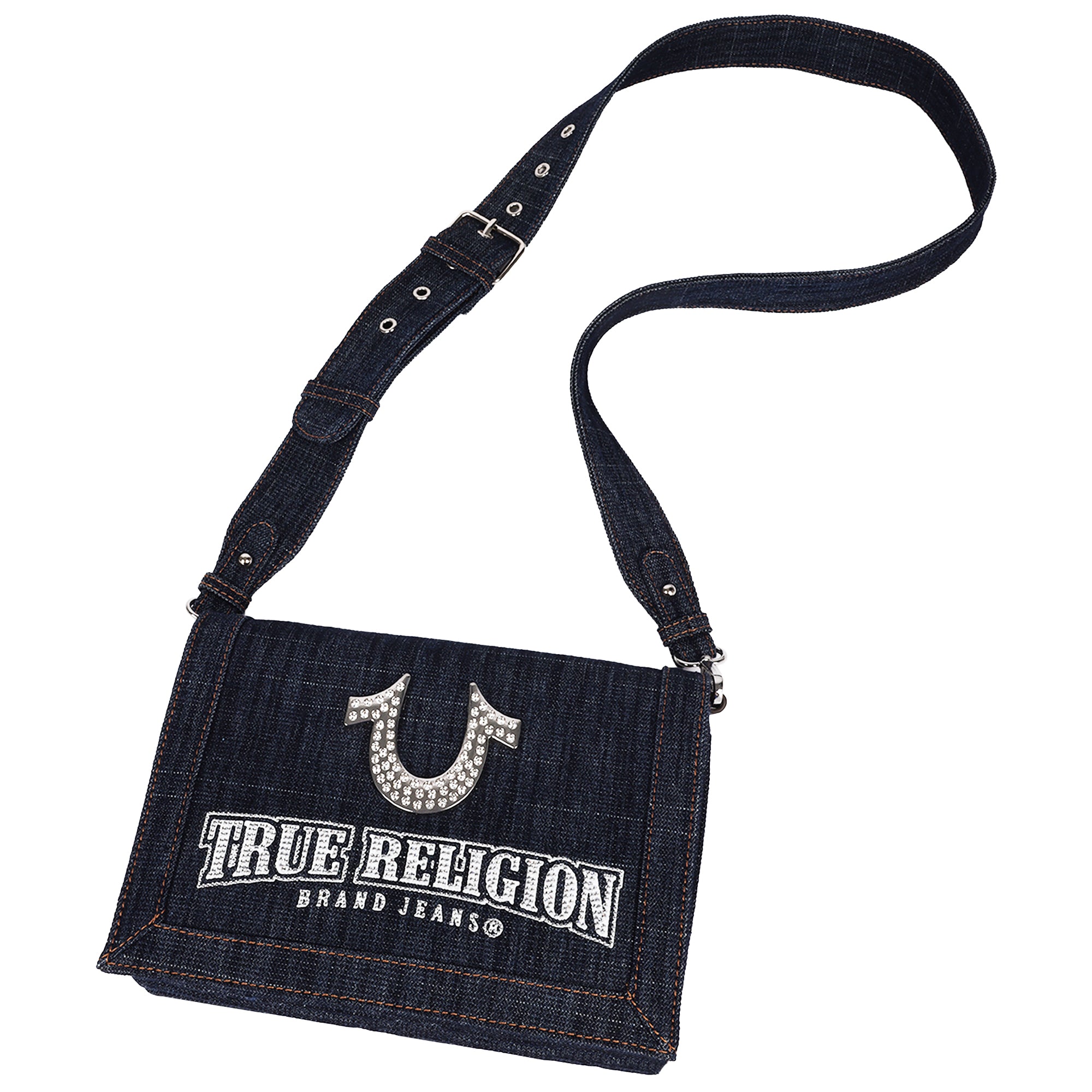 True Religion Bling Horseshoe Denim Messenger Bag with Adjustable Strap