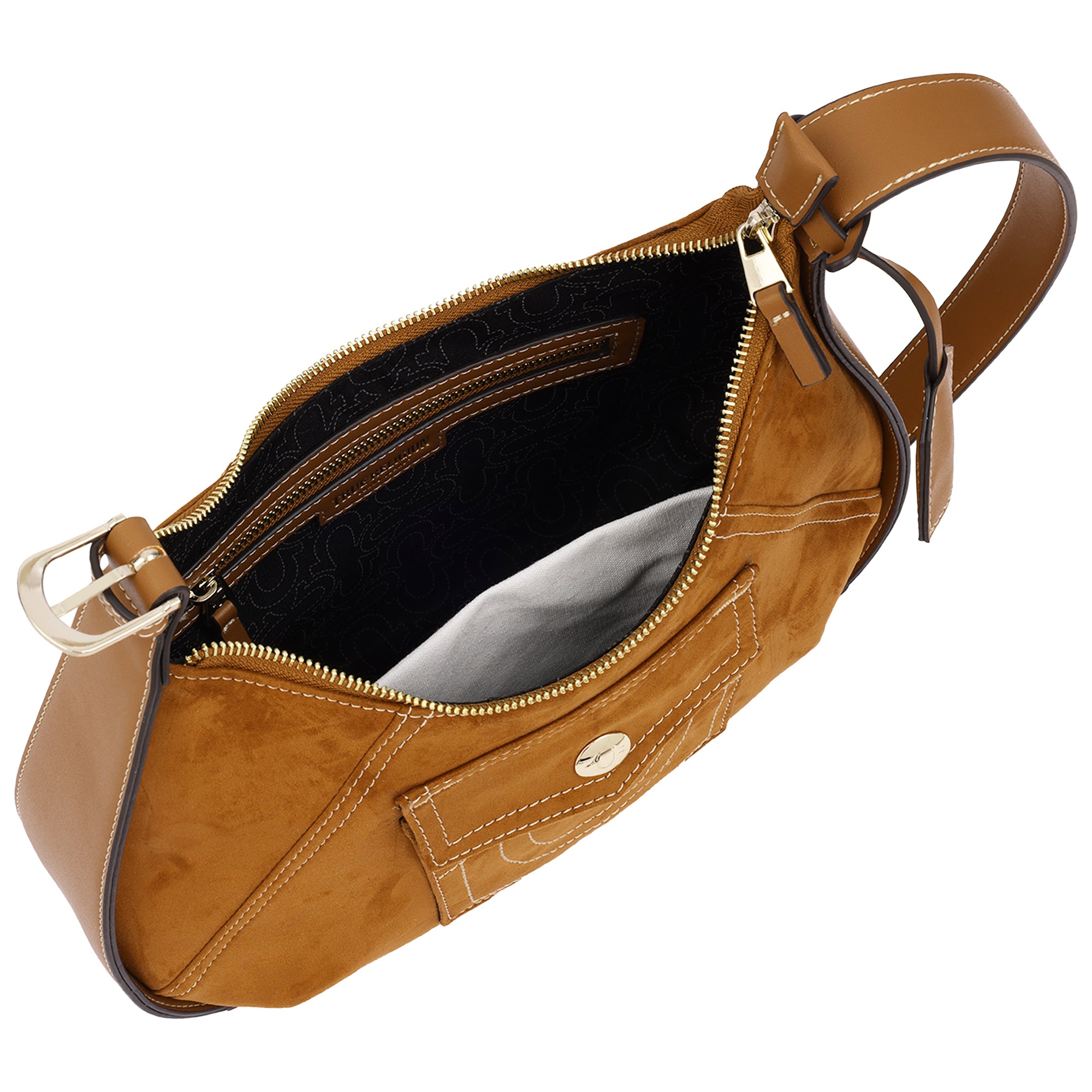 True Religion Suede PU Logo Pocket Hobo Bag – Cognac
