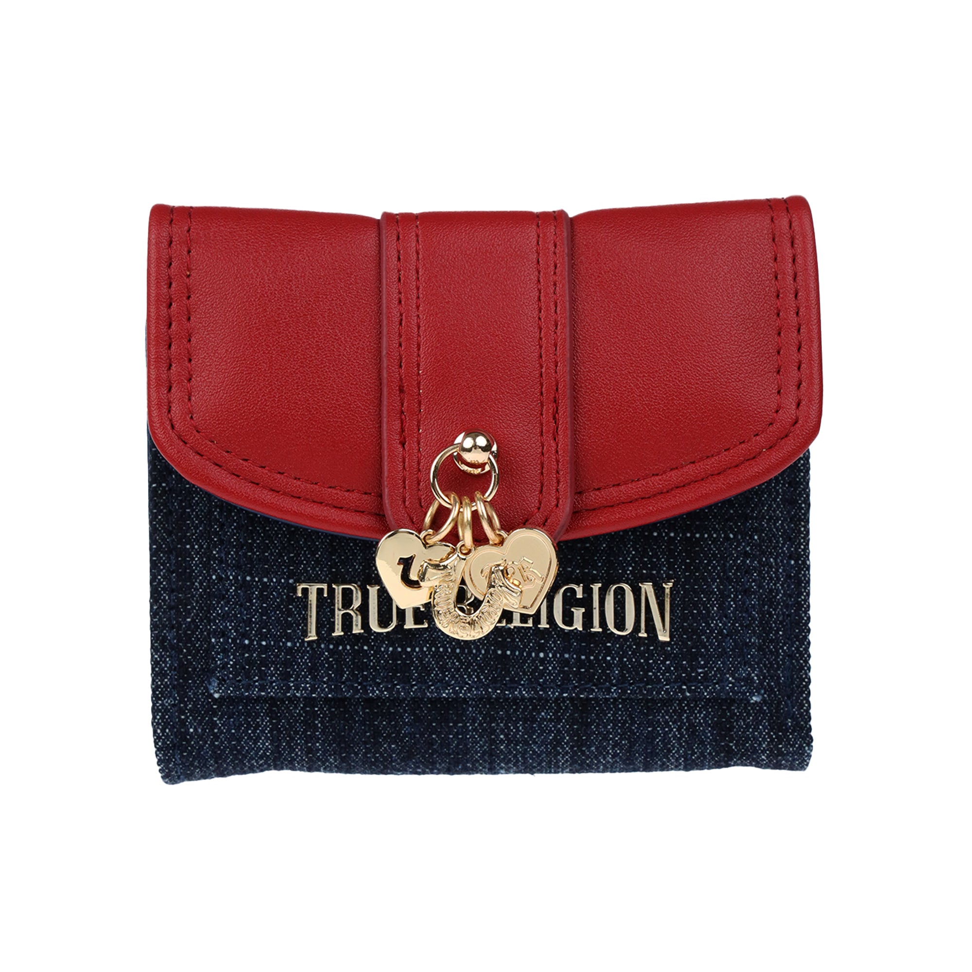 True Religion Charm Dangle PU Flap Trifold Wallet – Denim & Red