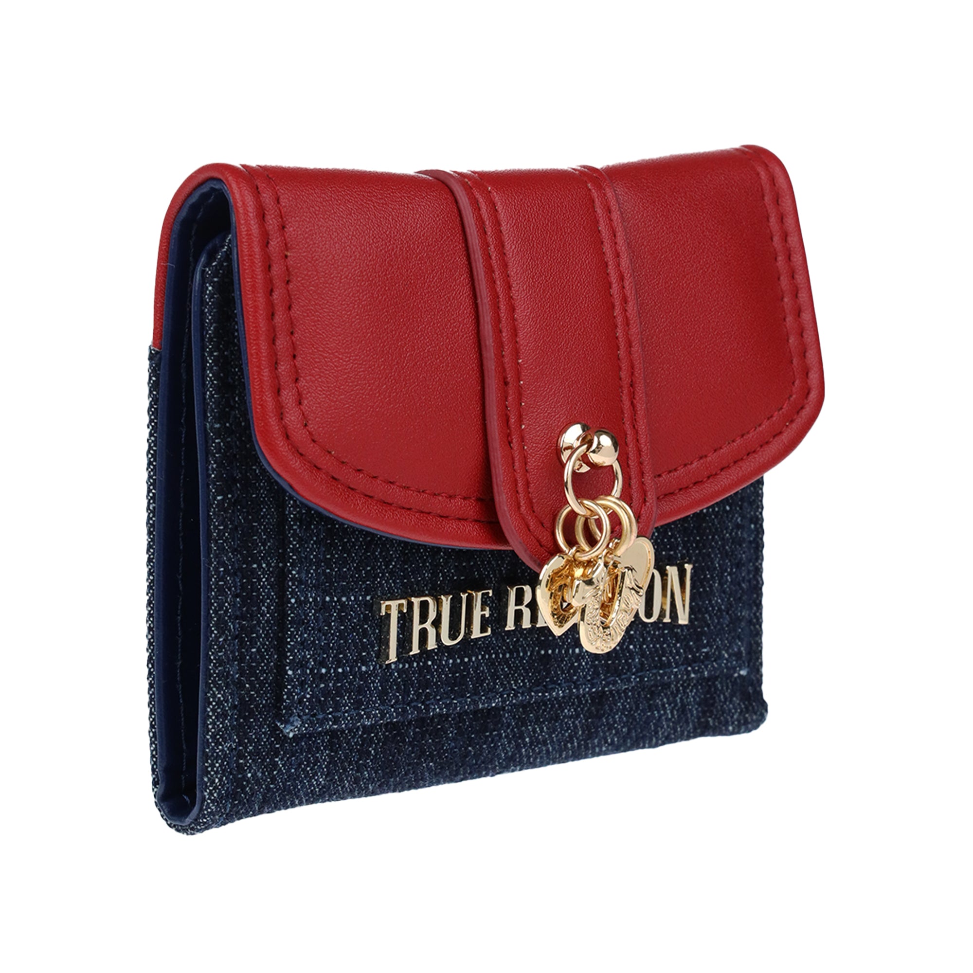 True Religion Charm Dangle PU Flap Trifold Wallet – Denim & Red