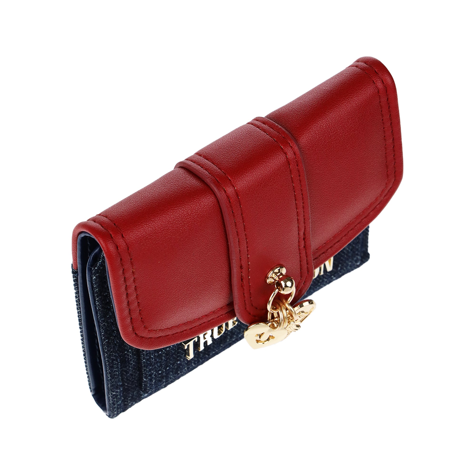 True Religion Charm Dangle PU Flap Trifold Wallet – Denim & Red
