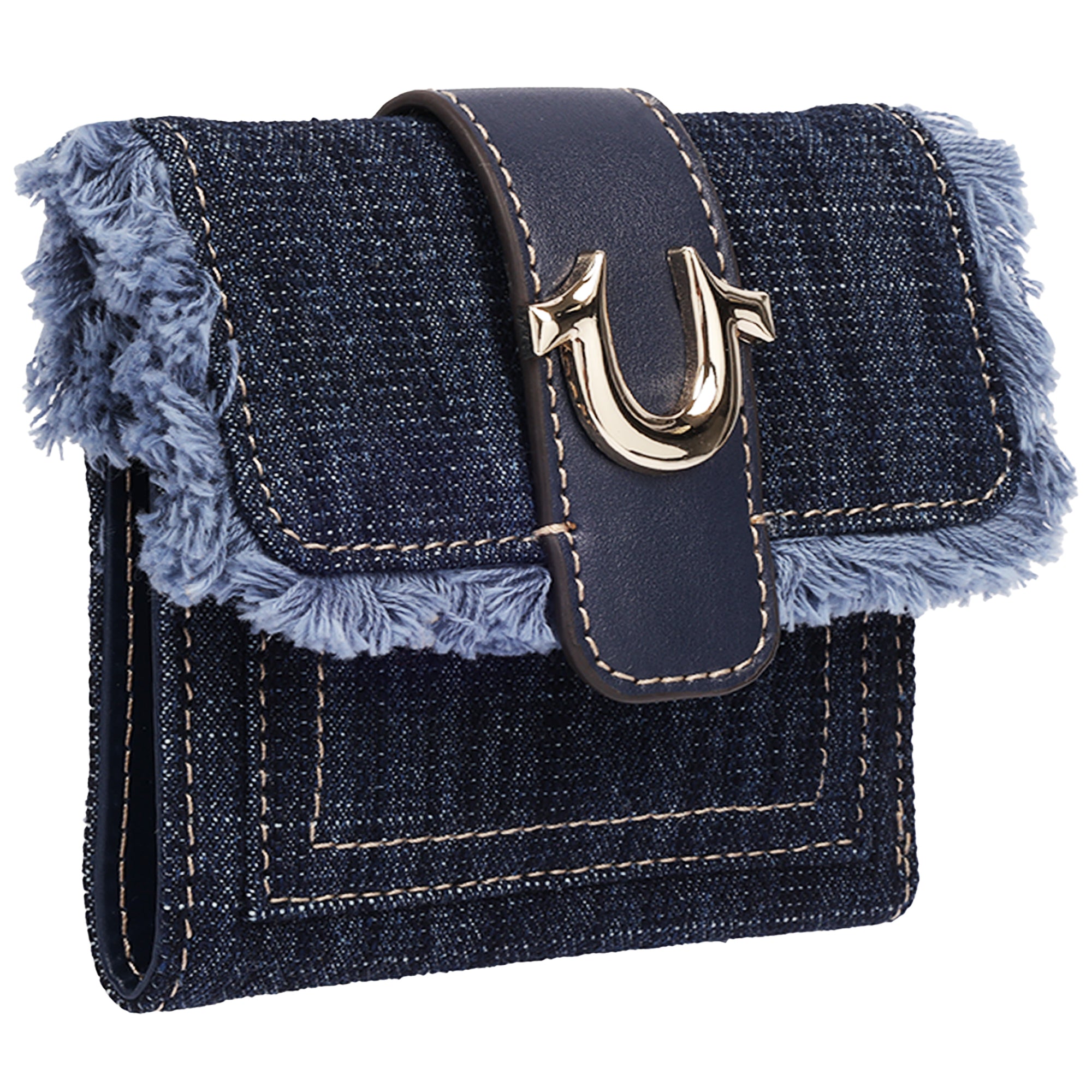 True Religion Frayed Flap Small Trifold Wallet with Horseshoe Hardware – Dark Denim