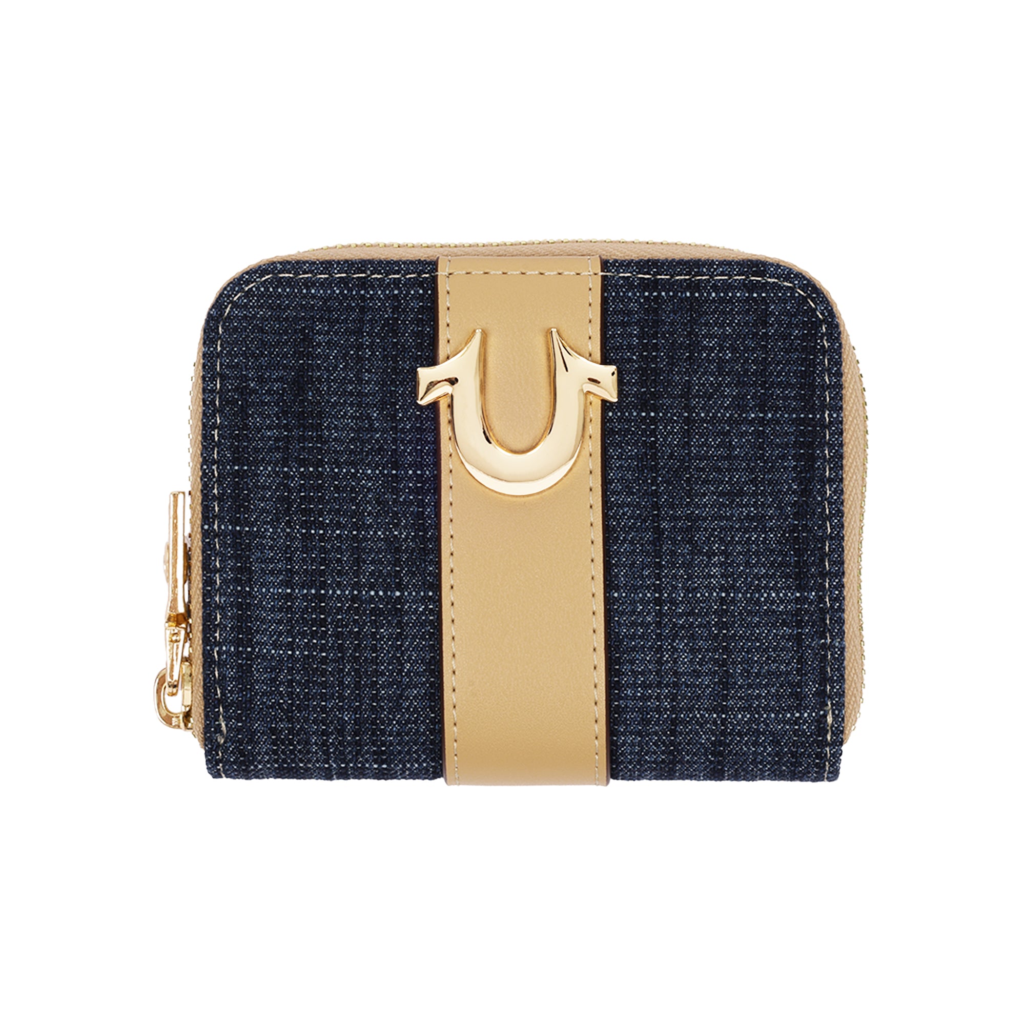 True Religion Denim & PU Small Zip Around Wallet with Horseshoe Hardware