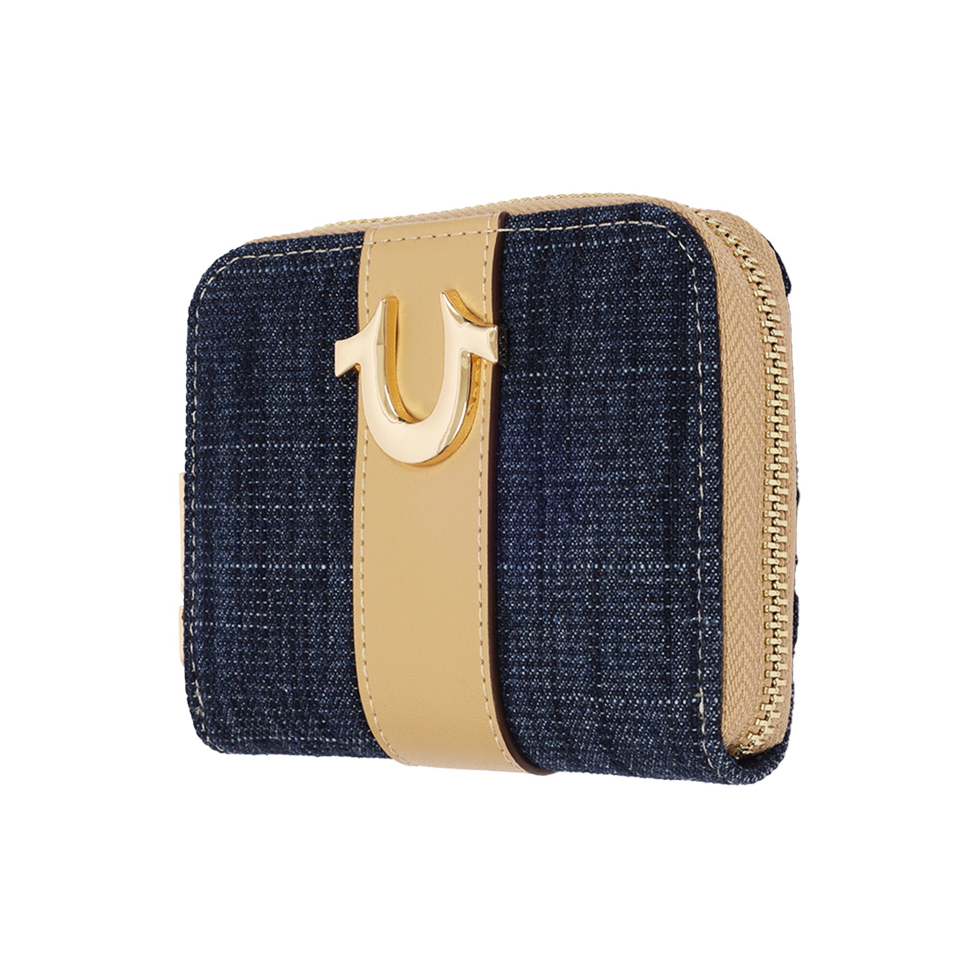 True Religion Denim & PU Small Zip Around Wallet with Horseshoe Hardware