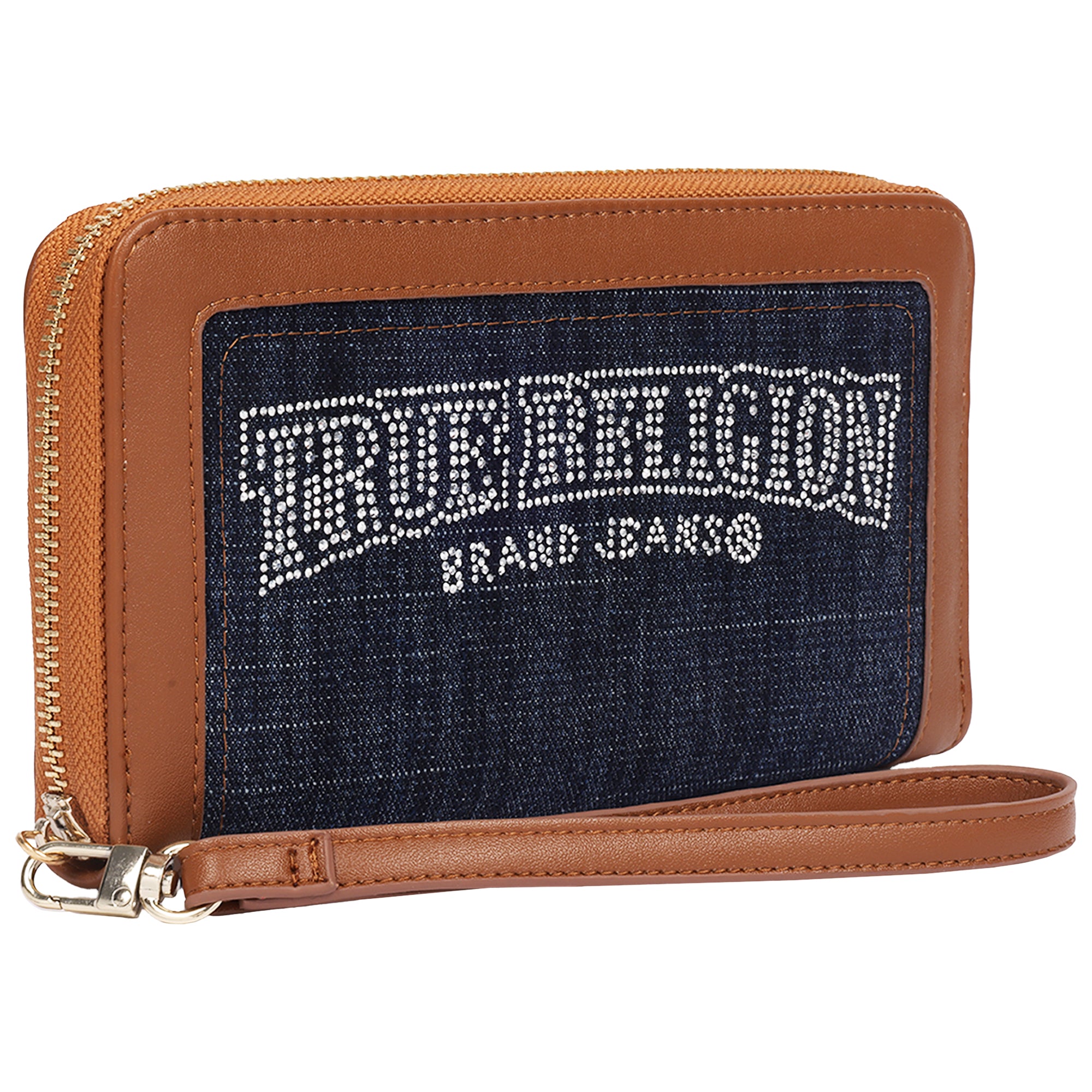 True Religion Studded Banner Zip Around Wallet with Wristlet Strap – Dark Denim
