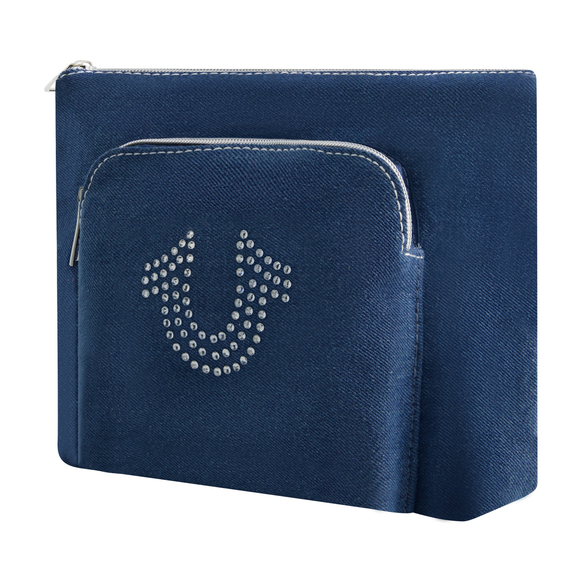 True Religion Trapazoid zip cosmetic bag with exterior zip pocket, DENIM