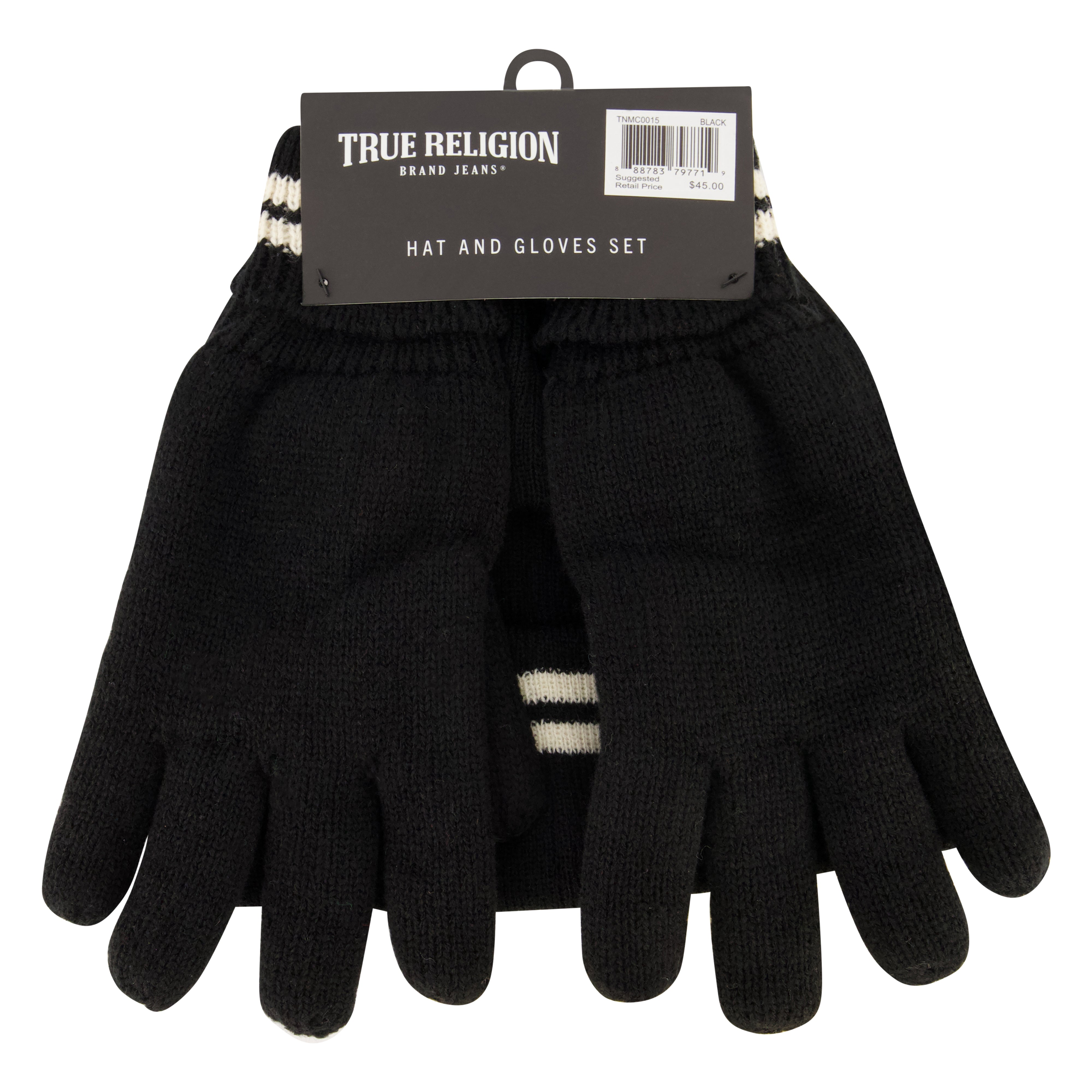 True Religion Beanie Hat and Gloves Set, Cuffed Winter Knit Cap with Stitched Yarn Horseshoe Logo and Fleece Lined Mittens