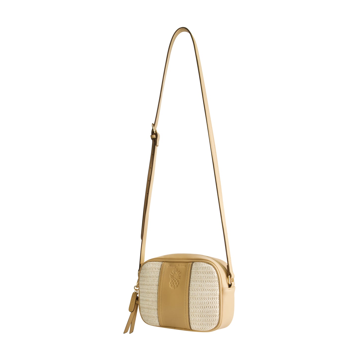 Tommy Bahama Camera Bag with Debossed Logo and Straw Accents, TAN