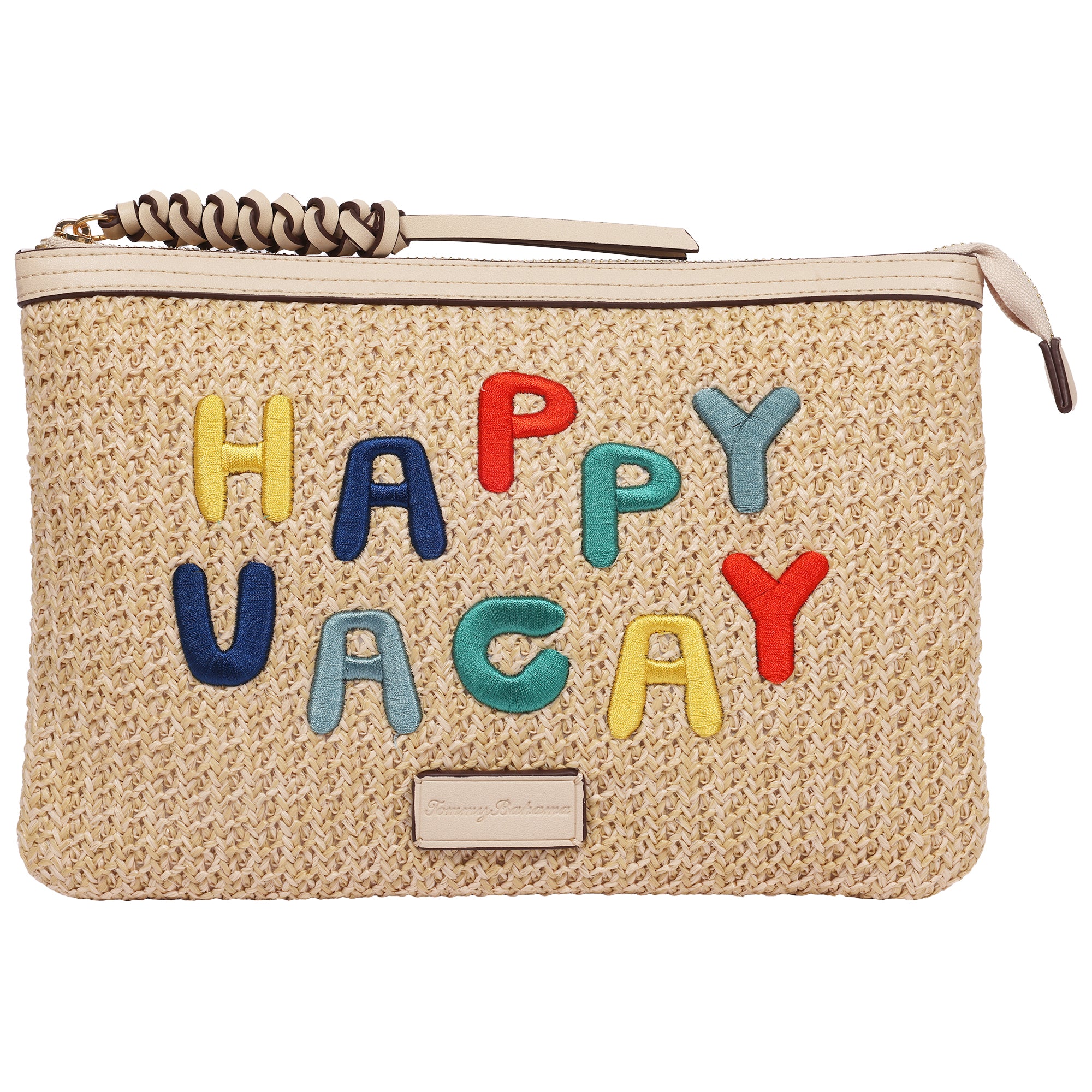 Tommy Bahama Happy Vacay Raffia Clutch – Woven Straw Zip Pouch with Embroidered Lettering