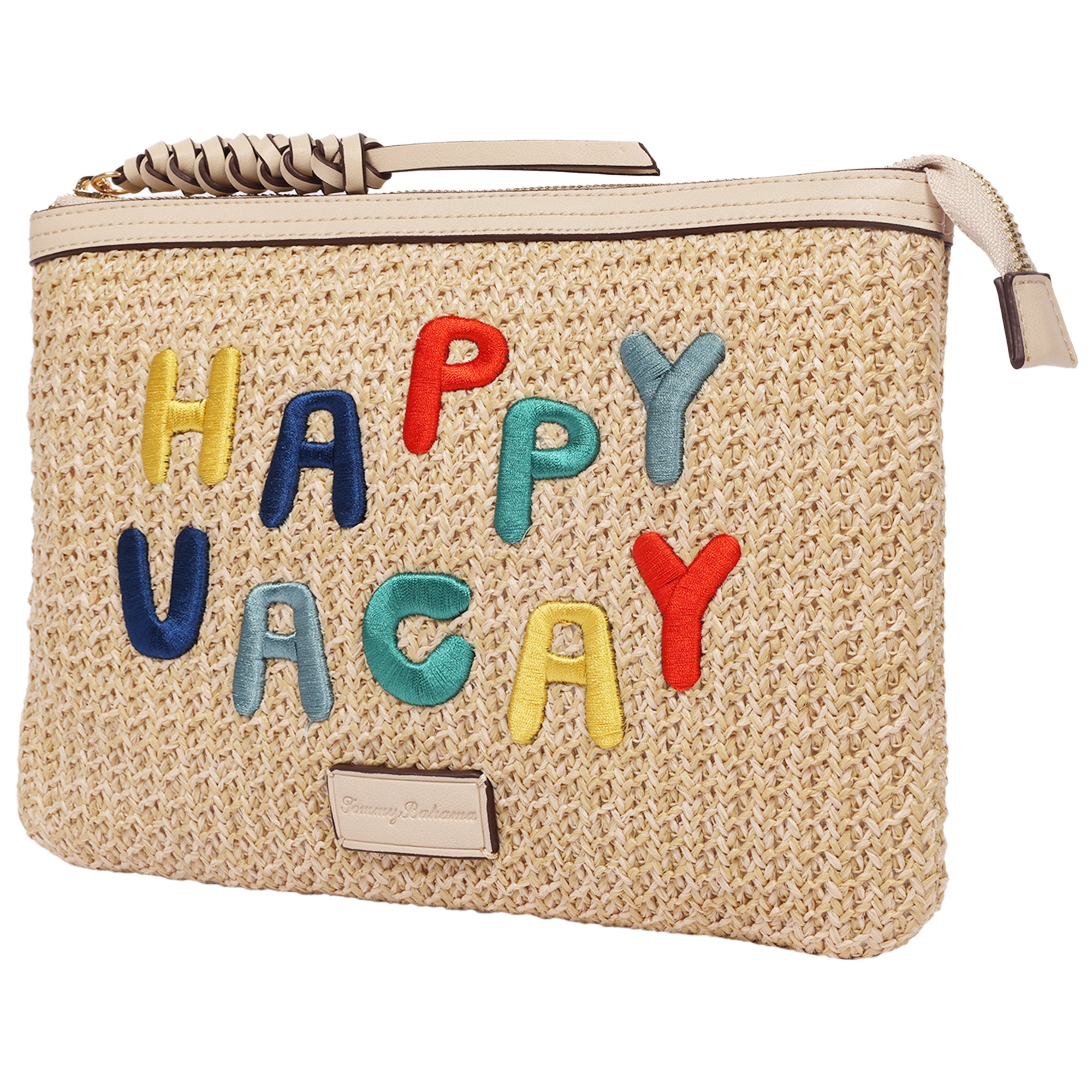Tommy Bahama Happy Vacay Raffia Clutch – Woven Straw Zip Pouch with Embroidered Lettering