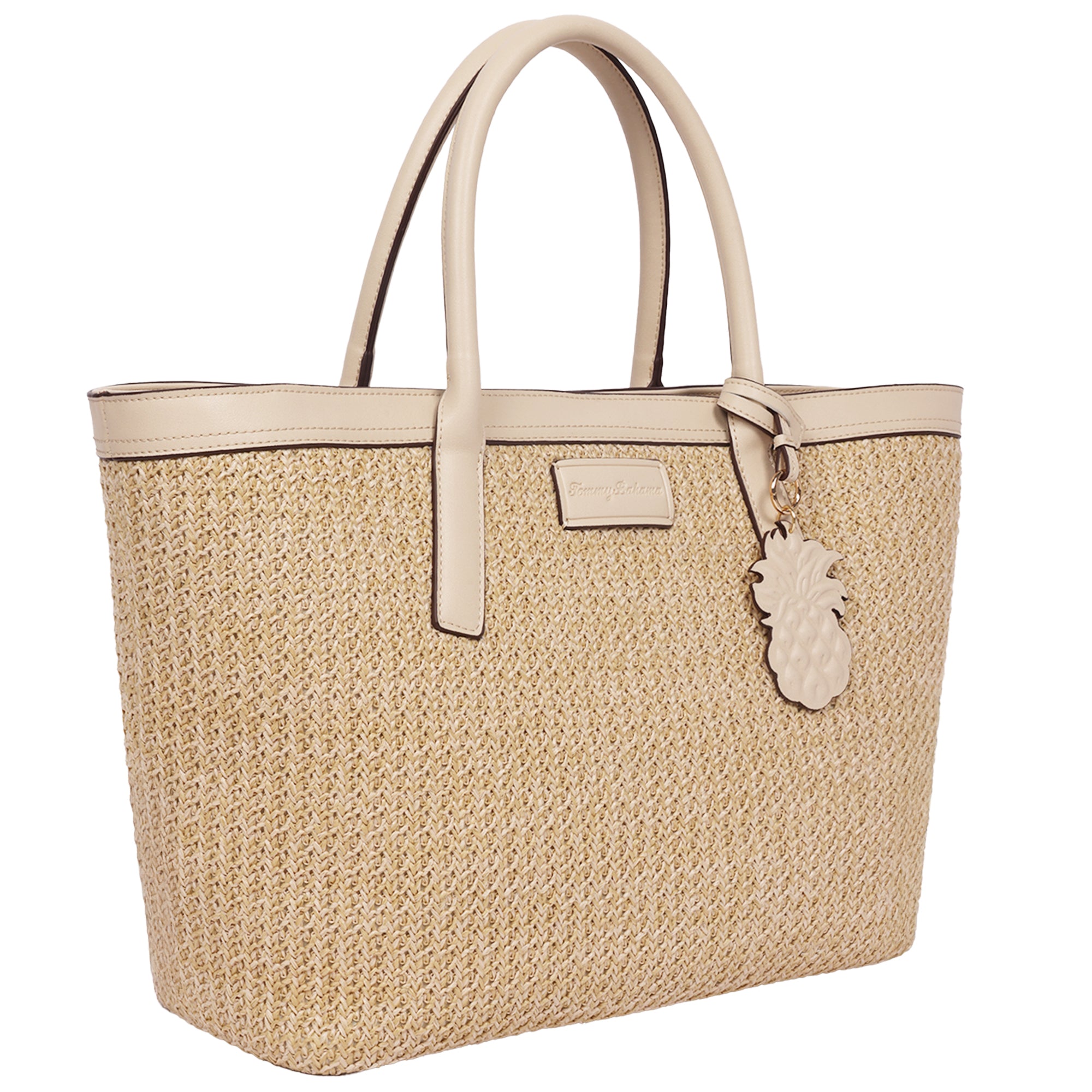 Tommy Bahama Raffia & PU Large Logo Tote – Woven Straw Beach Tote with Pineapple Charm