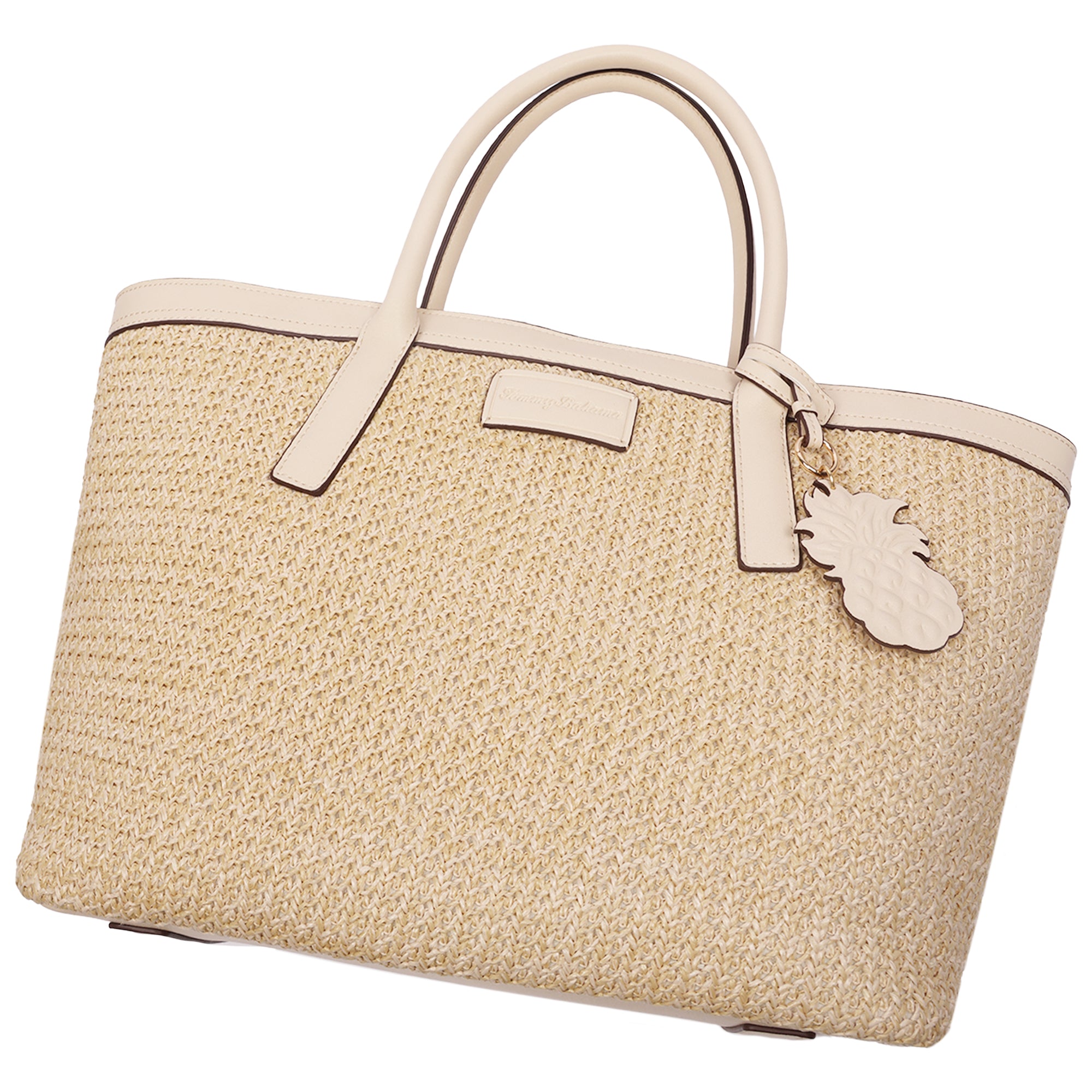 Tommy Bahama Raffia & PU Large Logo Tote – Woven Straw Beach Tote with Pineapple Charm
