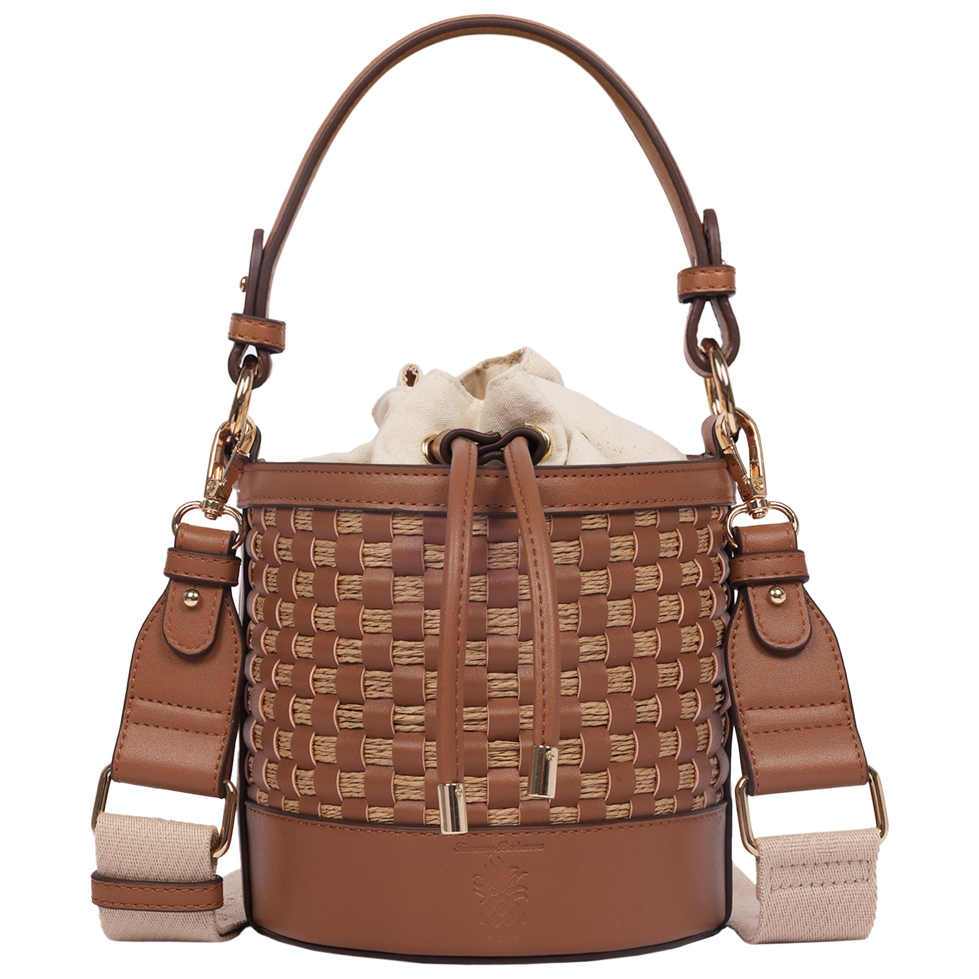 Tommy Bahama Raffia & Woven Drawstring Bucket Bag – Convertible Top Handle & Crossbody
