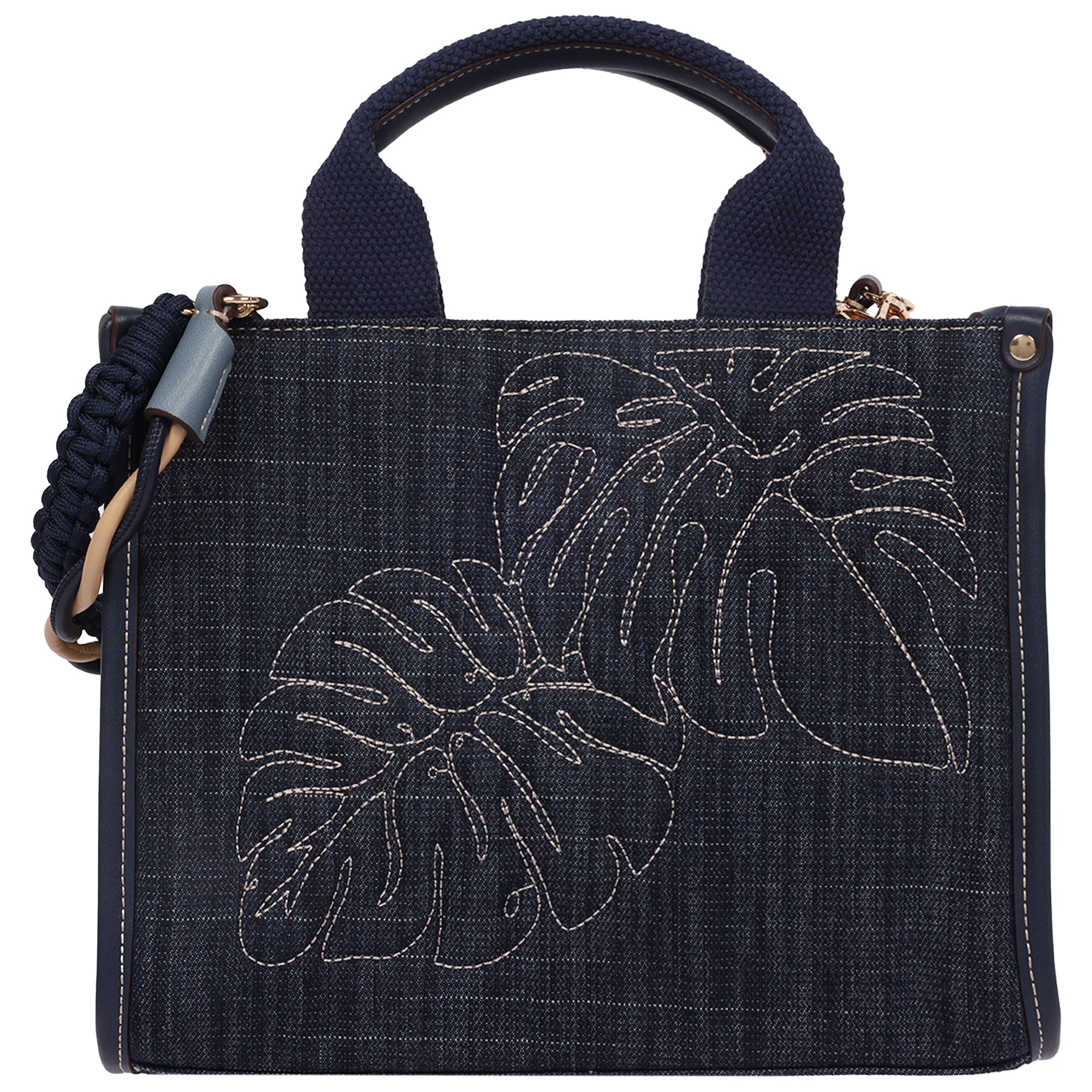 Tommy Bahama Dorothy Medium Denim Tote – Embroidered Leaf Convertible Top Handle & Crossbody Bag