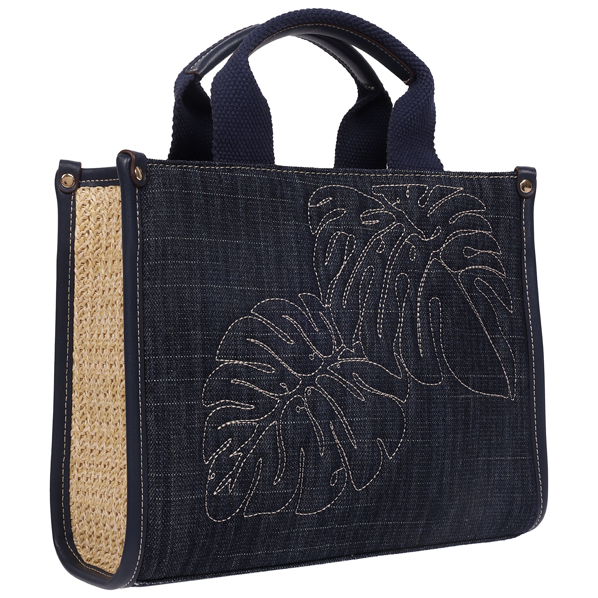 Tommy Bahama Dorothy Medium Denim Tote – Embroidered Leaf Convertible Top Handle & Crossbody Bag