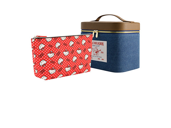 Red pouch with white pattern and blue cylindrical container on a white background