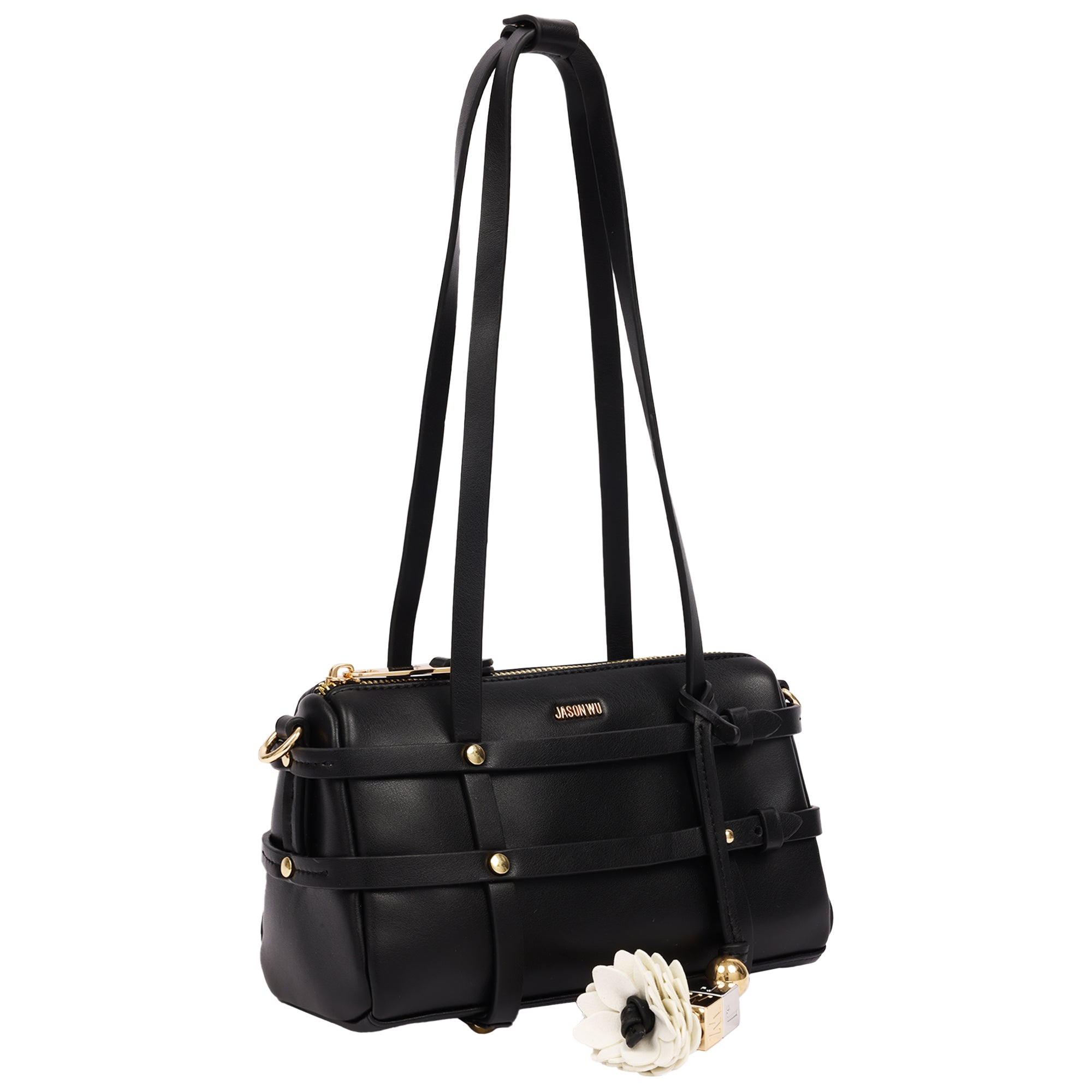 Jason Wu Harness Medium Satchel Shoulder Bag with Convertible Chain Strap & Floral Charm – Black