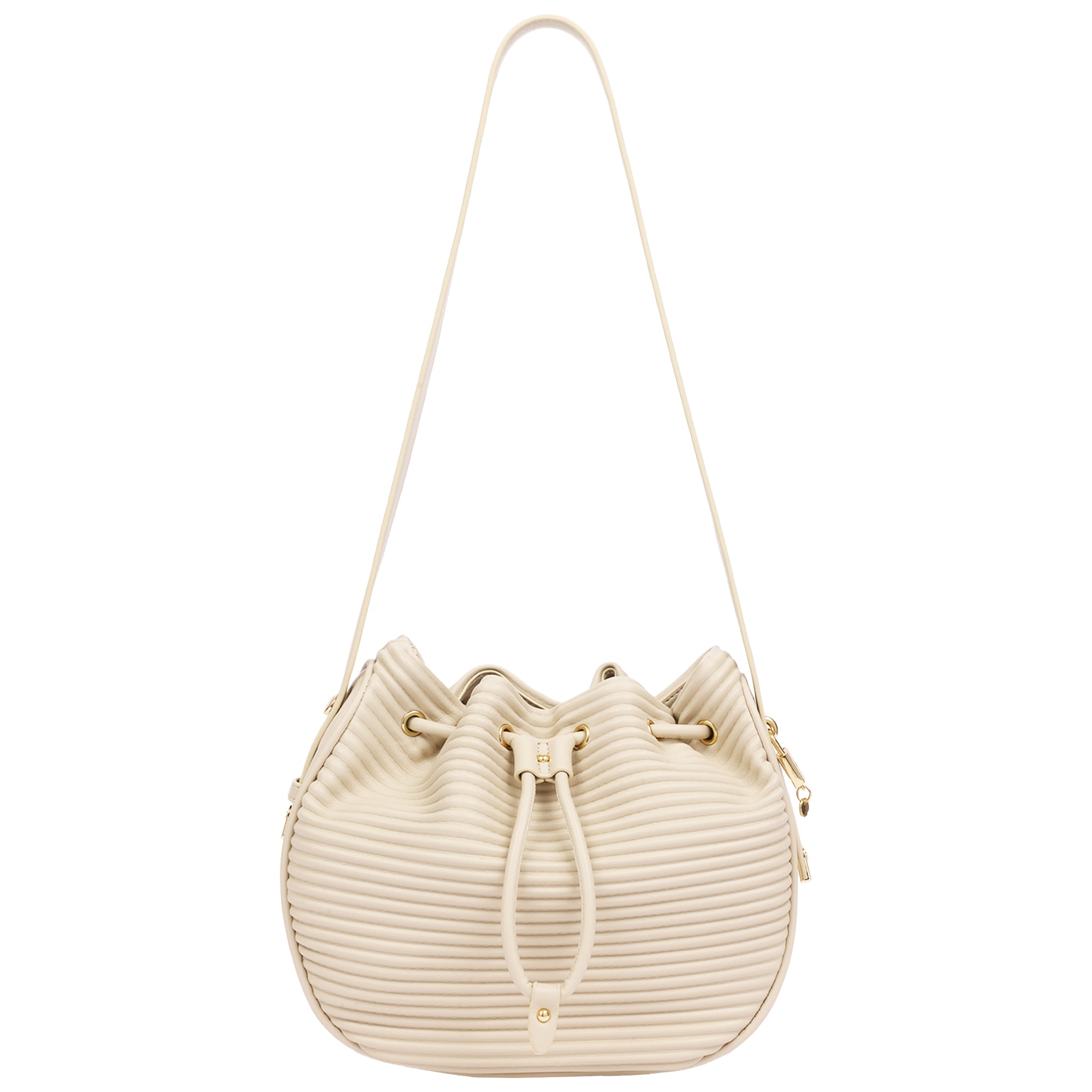 Jason Wu Haywood 3D Horizon Pleated Bucket Shoulder Bag with Drawstring Closure – Bone