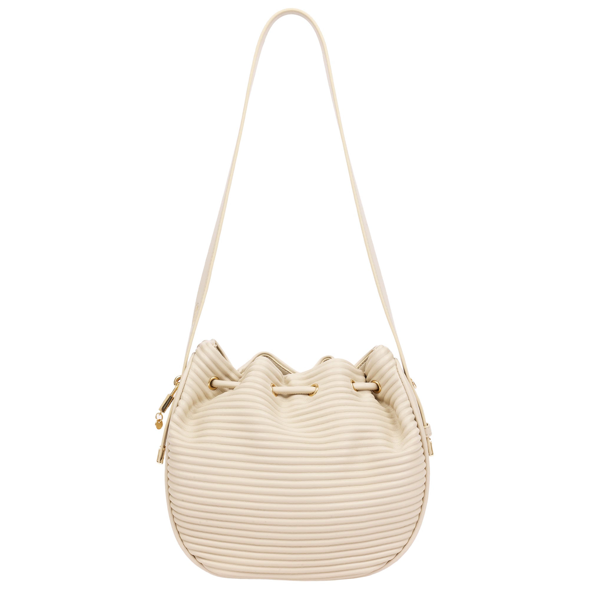 Jason Wu Haywood 3D Horizon Pleated Bucket Shoulder Bag with Drawstring Closure – Bone