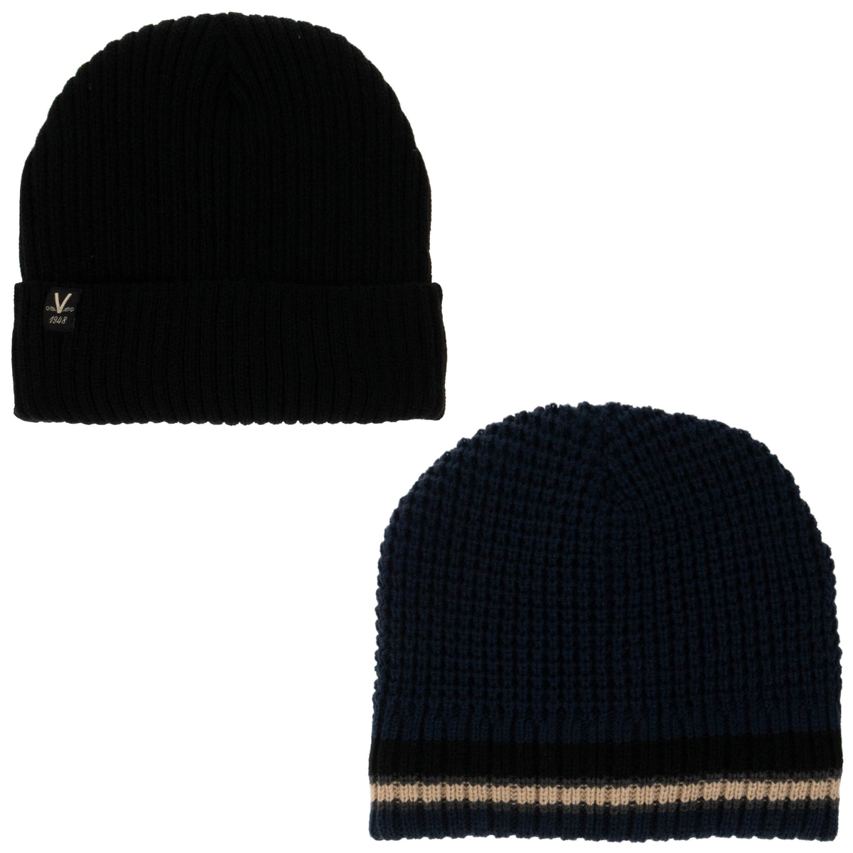 Weatherproof Vintage Waffle Stripe & Solid Beanie 2-Piece Set – Black/Navy