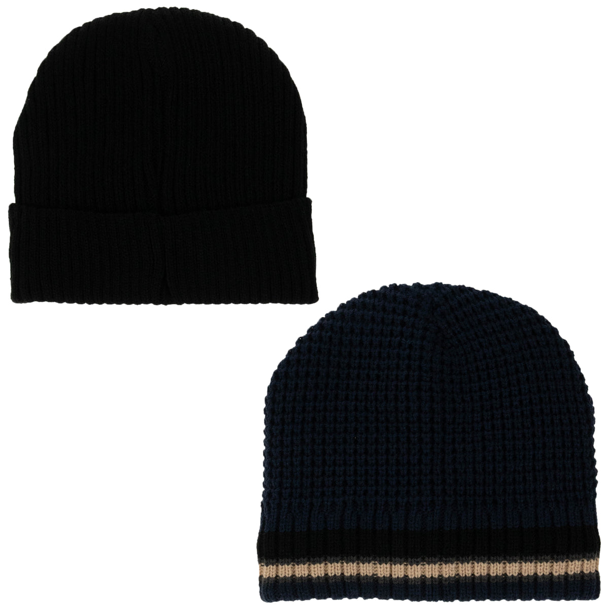 Weatherproof Vintage Waffle Stripe & Solid Beanie 2-Piece Set – Black/Navy