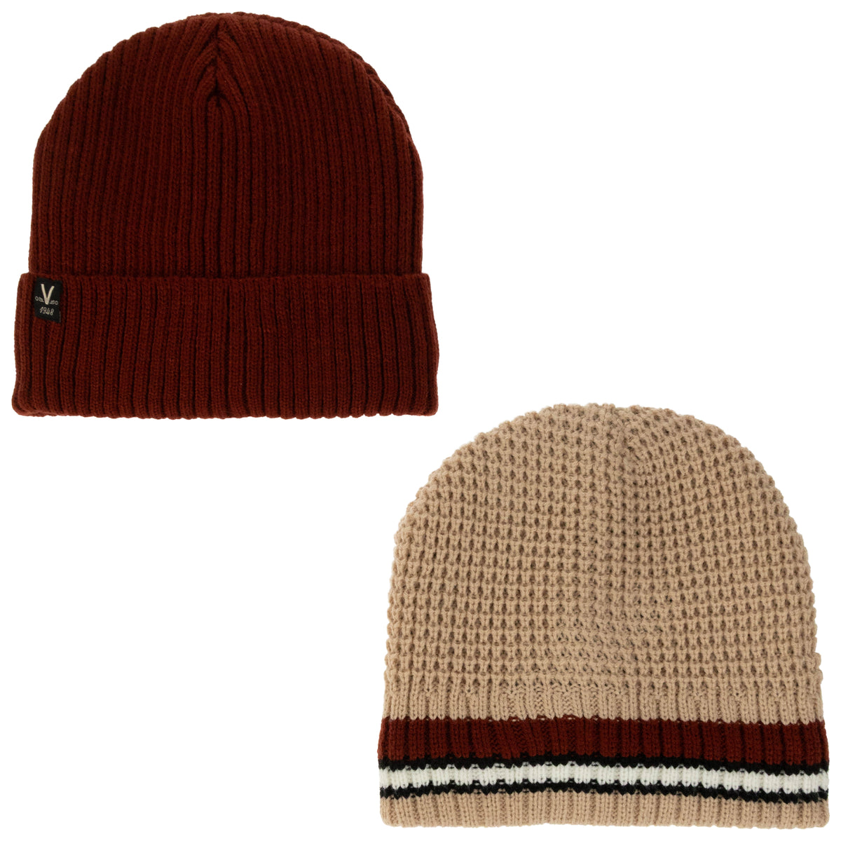 Weatherproof Vintage Waffle Stripe & Solid Beanie 2-Piece Set – Rust/Tan