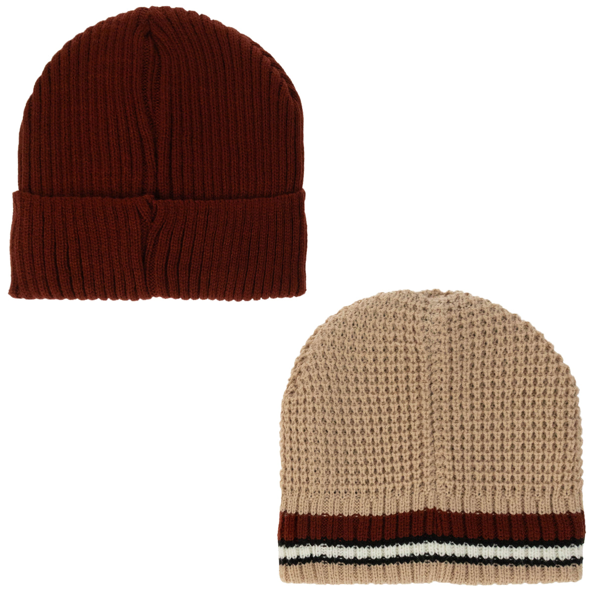 Weatherproof Vintage Waffle Stripe & Solid Beanie 2-Piece Set – Rust/Tan
