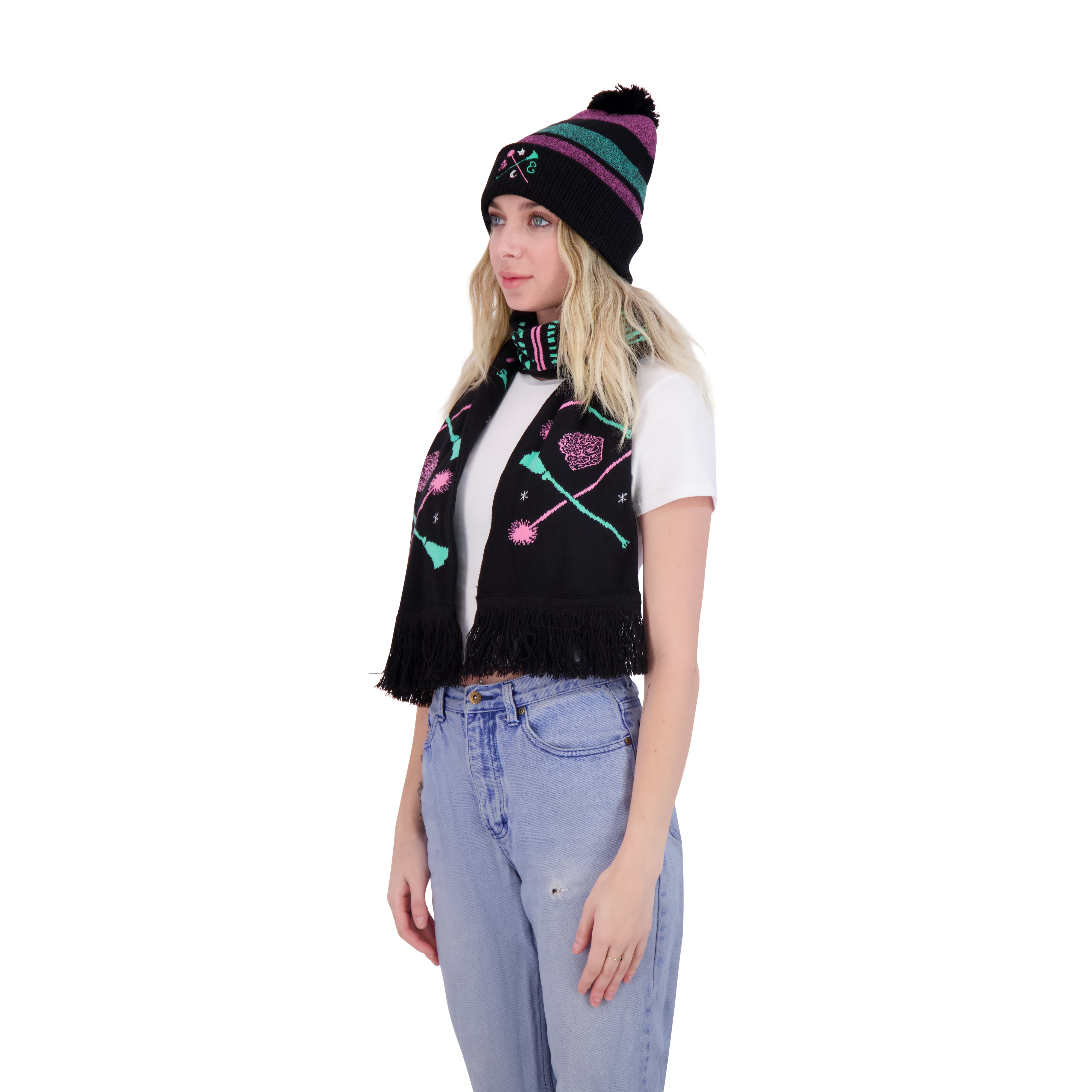 Wicked Wand & Broom Pink and Green Beanie & Scarf Set
