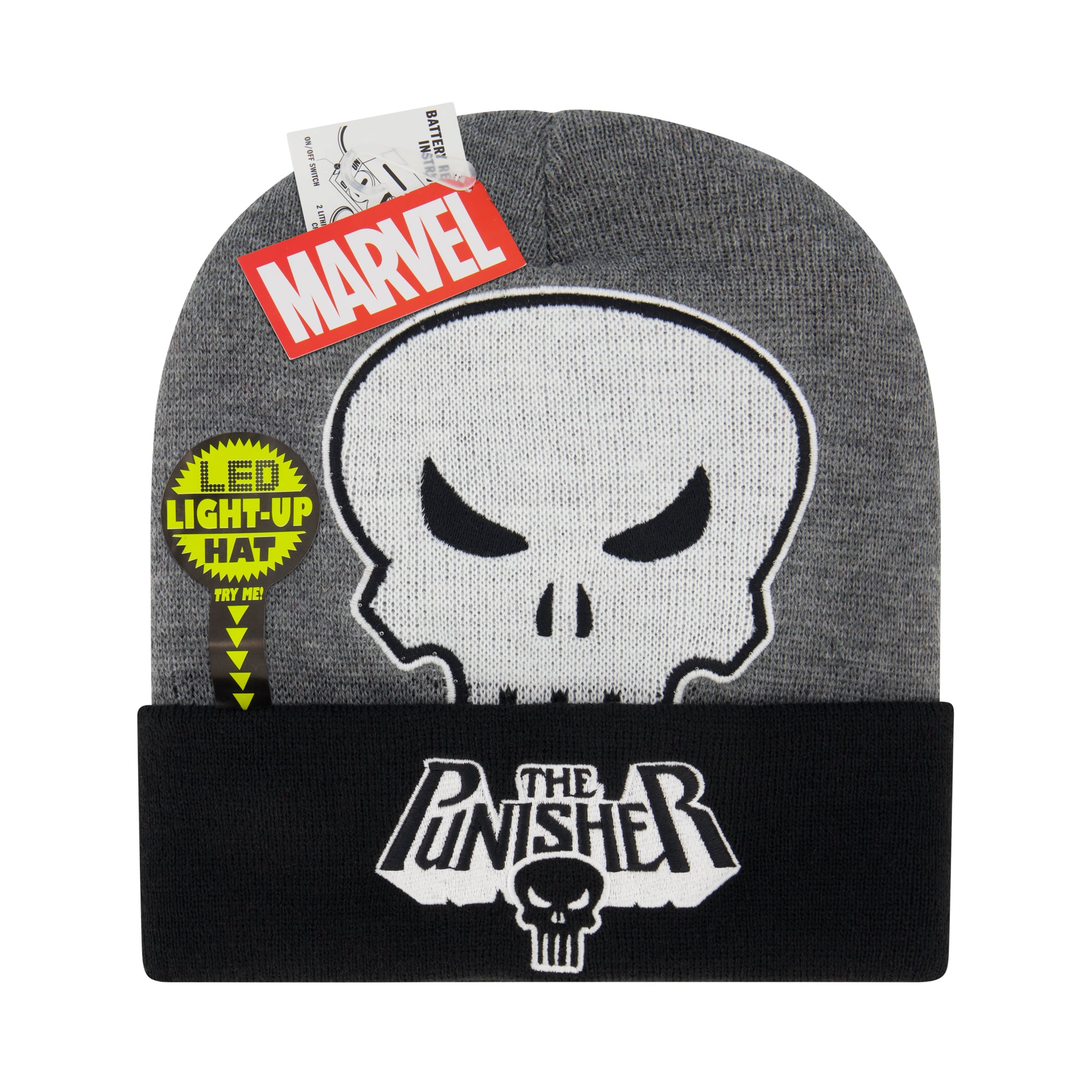 Marvel The Punisher Beanie Hat, LED Light Up Winter Knit Cap with Skull Logo and Cuff, Grey, One Size