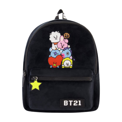 Line Friends BT21 Plush Backpack - Plush Mini Backpack - Tata, Van, Chimmy, Cooky, Shooky and RJ (Black), BLACK