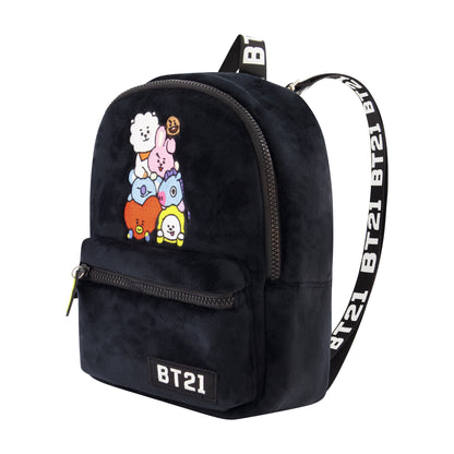 Line Friends BT21 Plush Backpack - Plush Mini Backpack - Tata, Van, Chimmy, Cooky, Shooky and RJ (Black), BLACK