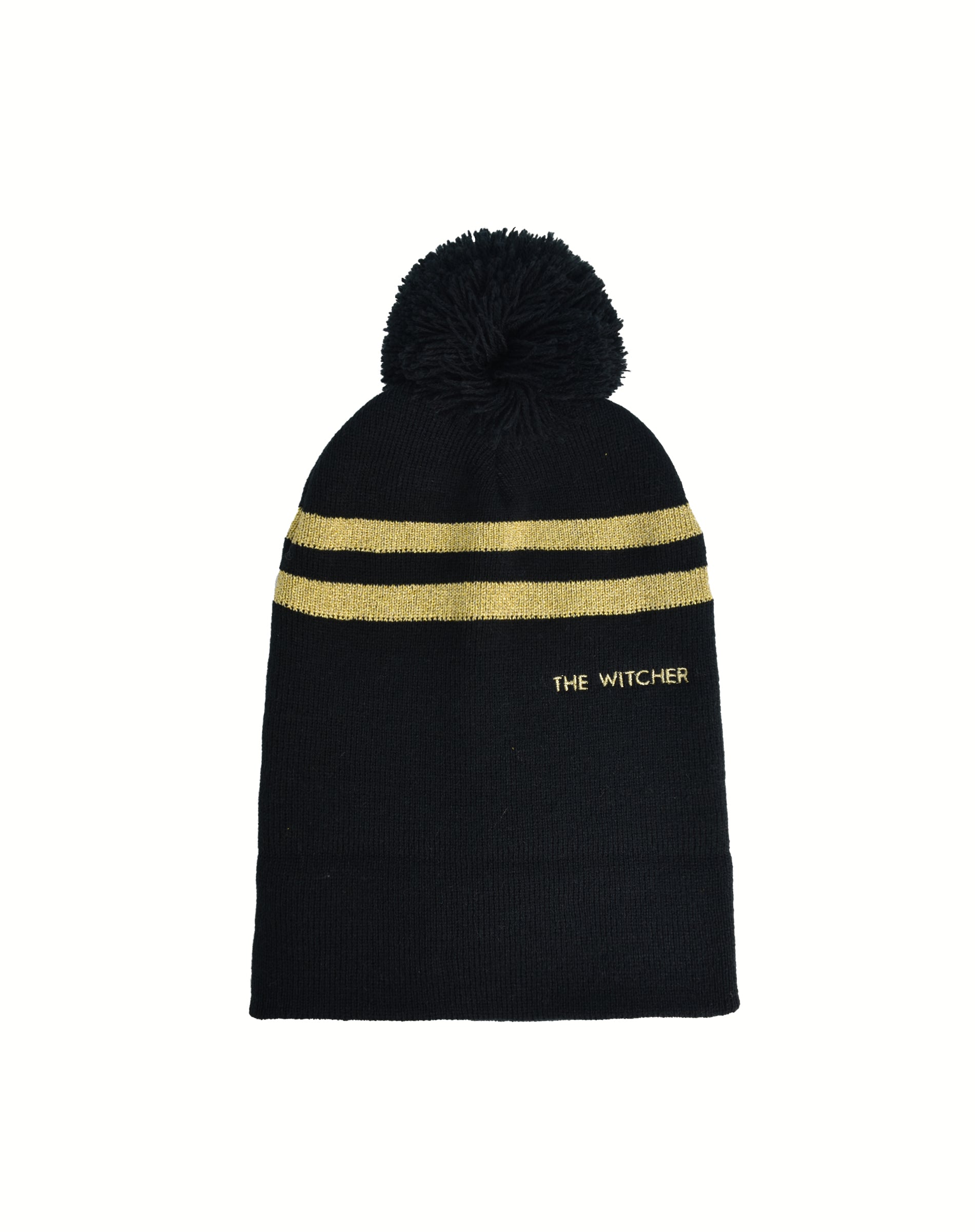 The Witcher Striped Pom Beanie Hat – Embroidered Logo Cuffed Winter Cap