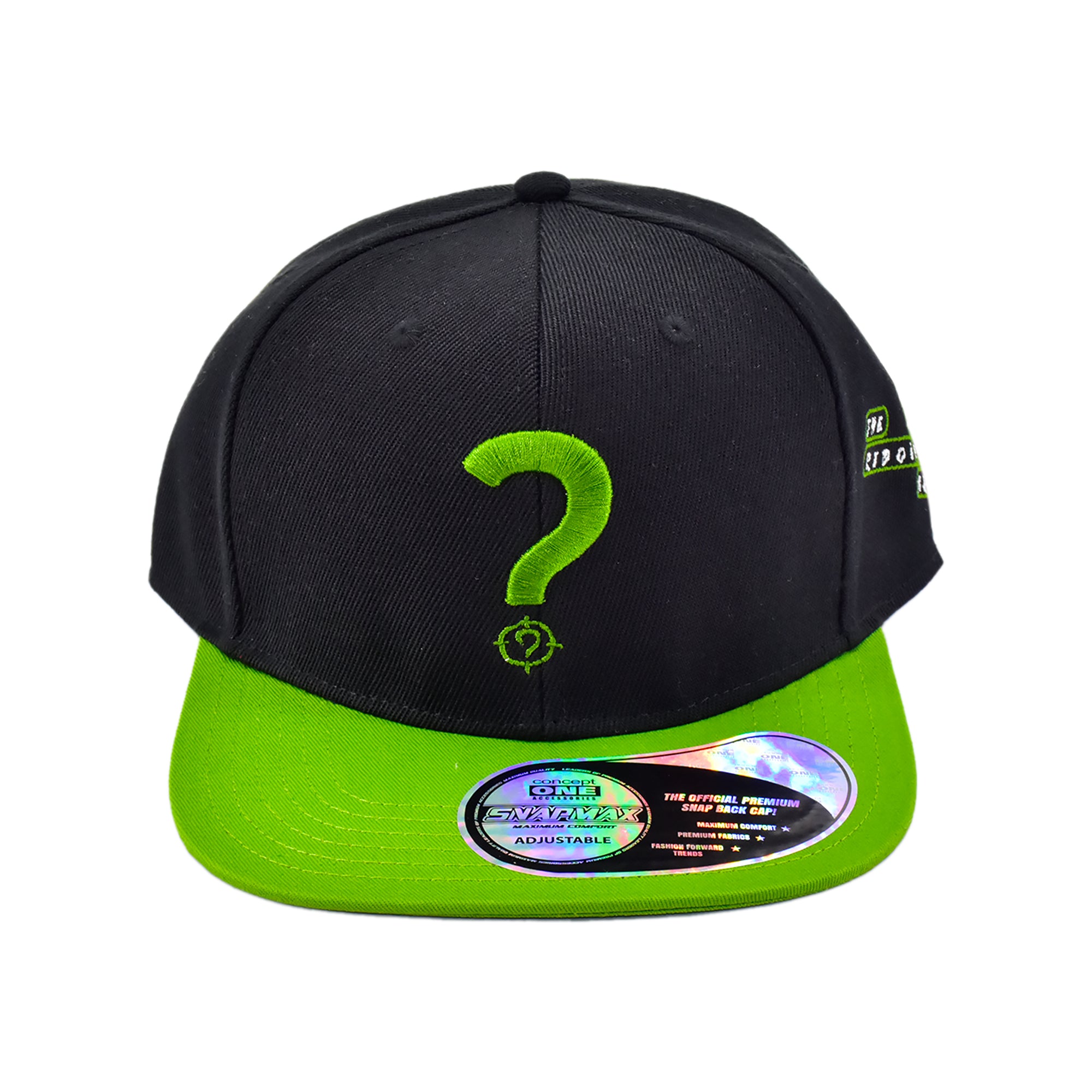 DC Comics The Riddler Snapback Hat – Black & Green Question Mark Flat Brim Adjustable Cap