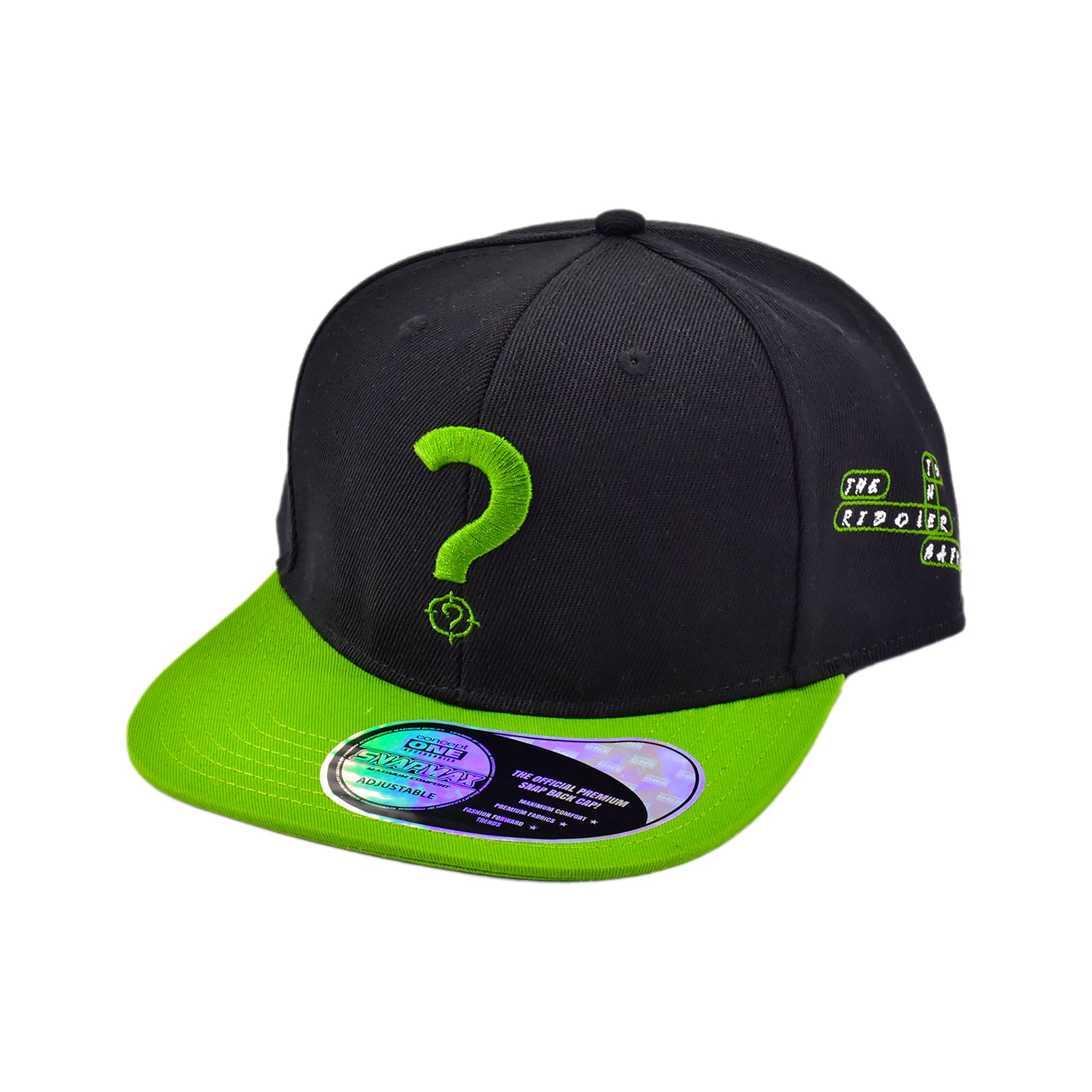 DC Comics The Riddler Snapback Hat – Black & Green Question Mark Flat Brim Adjustable Cap