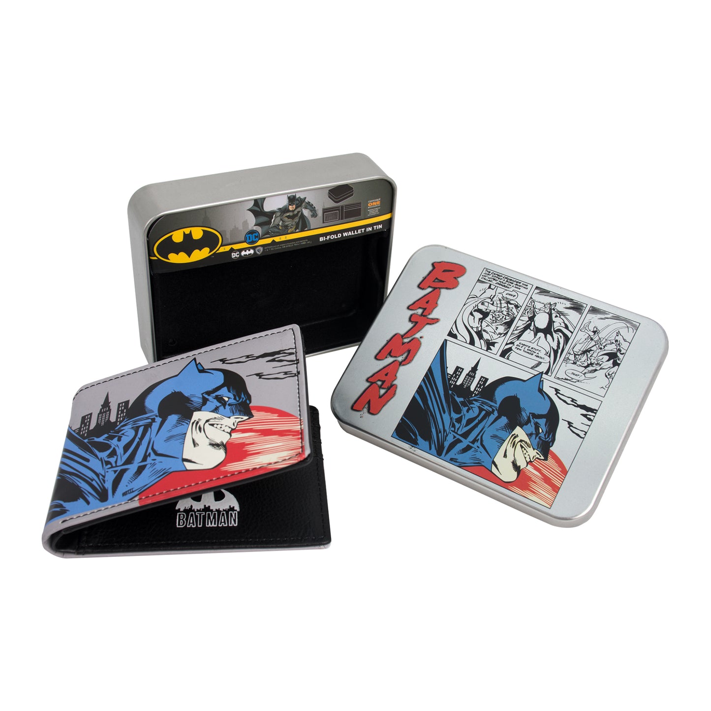 DC Comics Batman Face Print Bifold Wallet in a Decorative Tin Case Multi, Unisex