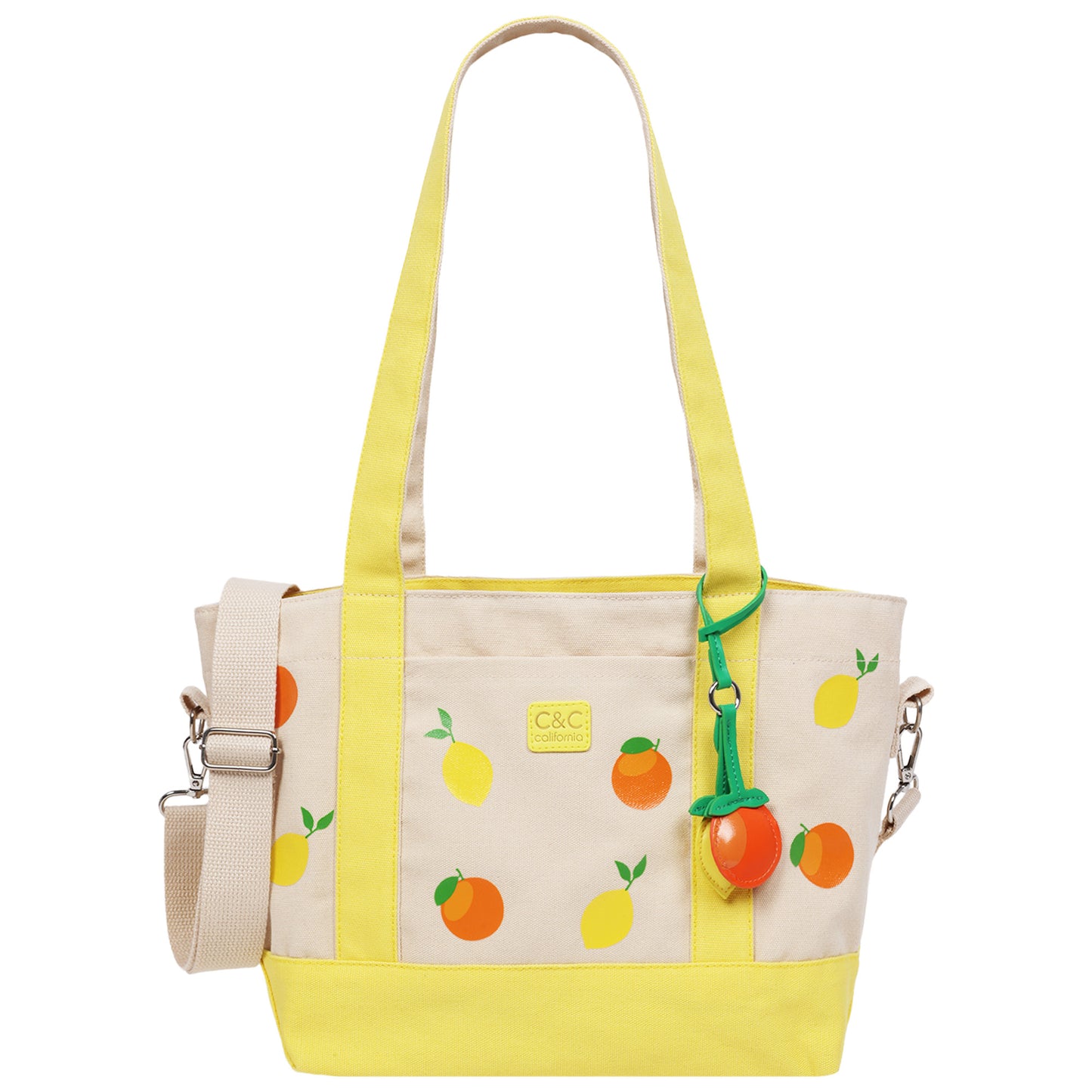 C & C California Citrus Fruit Print Cotton Canvas Tote with Contrast Trim & PU Charm