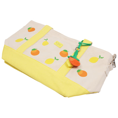 C & C California Citrus Fruit Print Cotton Canvas Tote with Contrast Trim & PU Charm