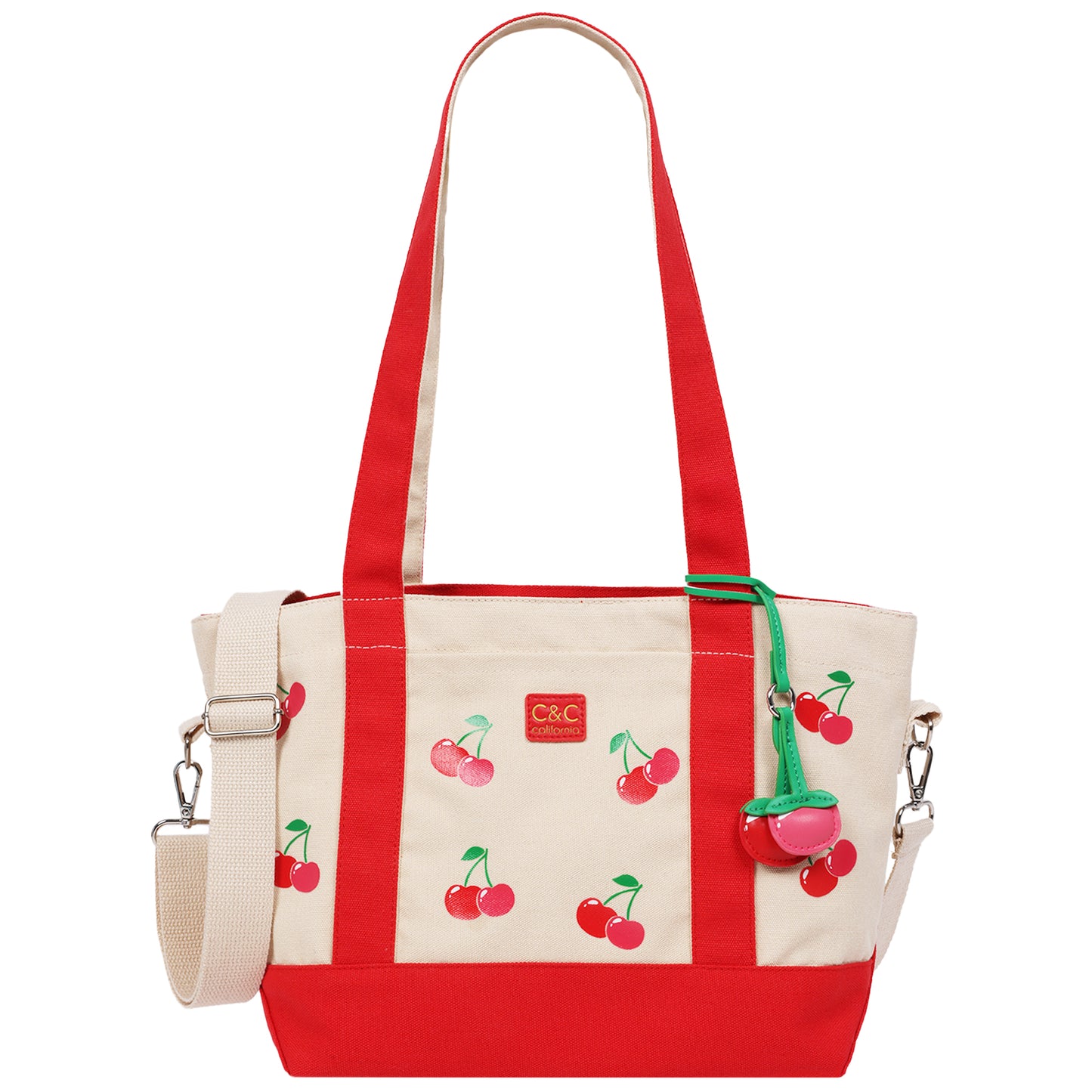 C & C California Cherry Print Cotton Canvas Tote with Contrast Trim & PU Charm