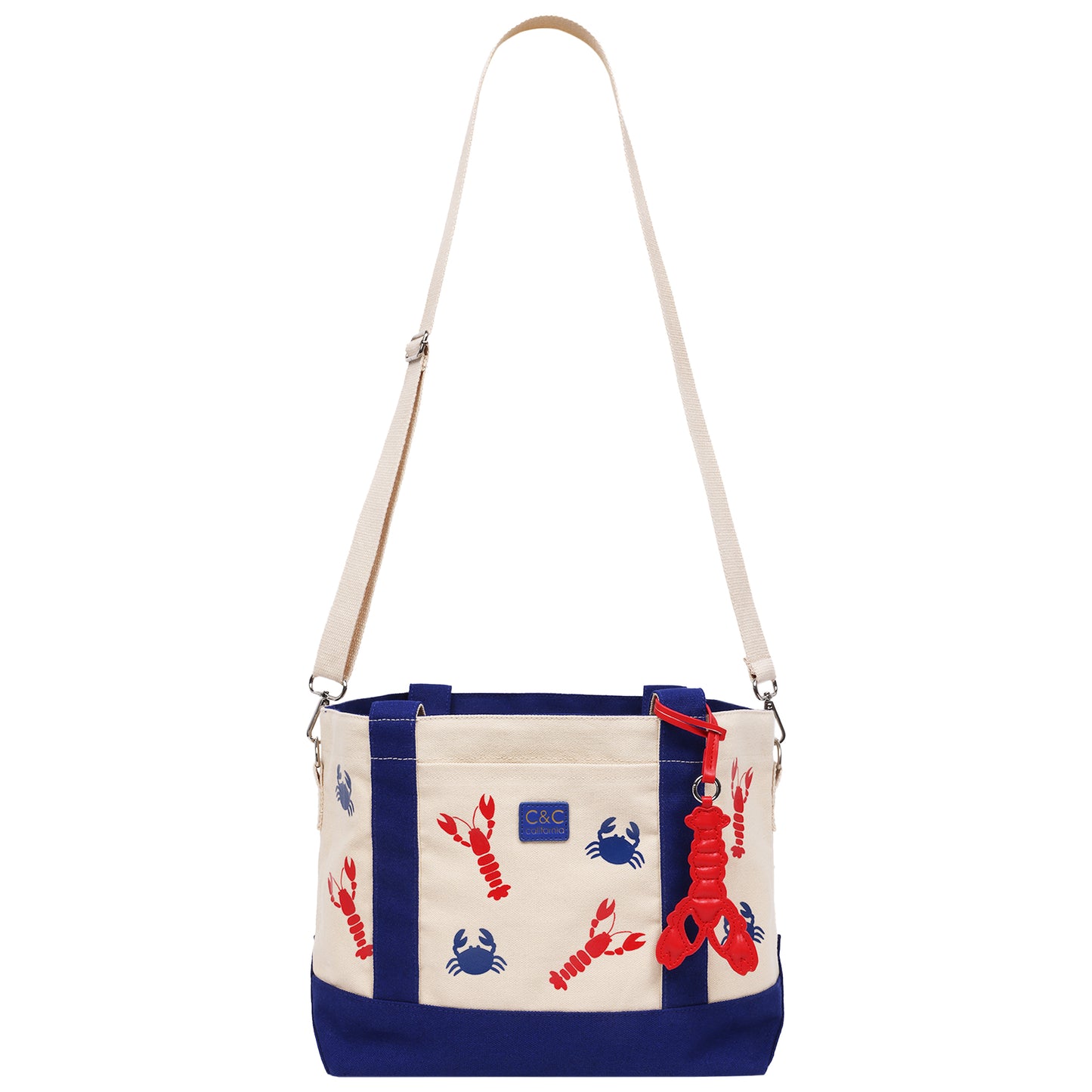 C & C California Lobster & Crab Print Cotton Canvas Tote with Contrast Trim & PU Charm
