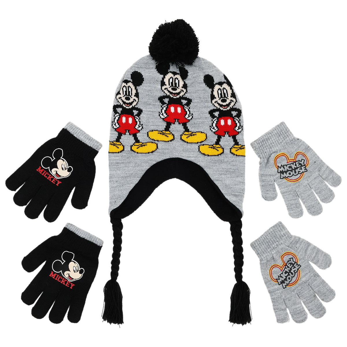 Disney Boys Mickey Mouse Winter Trapper Hat & 2-Pair Gloves Set – Grey/Black, Ages 4–7