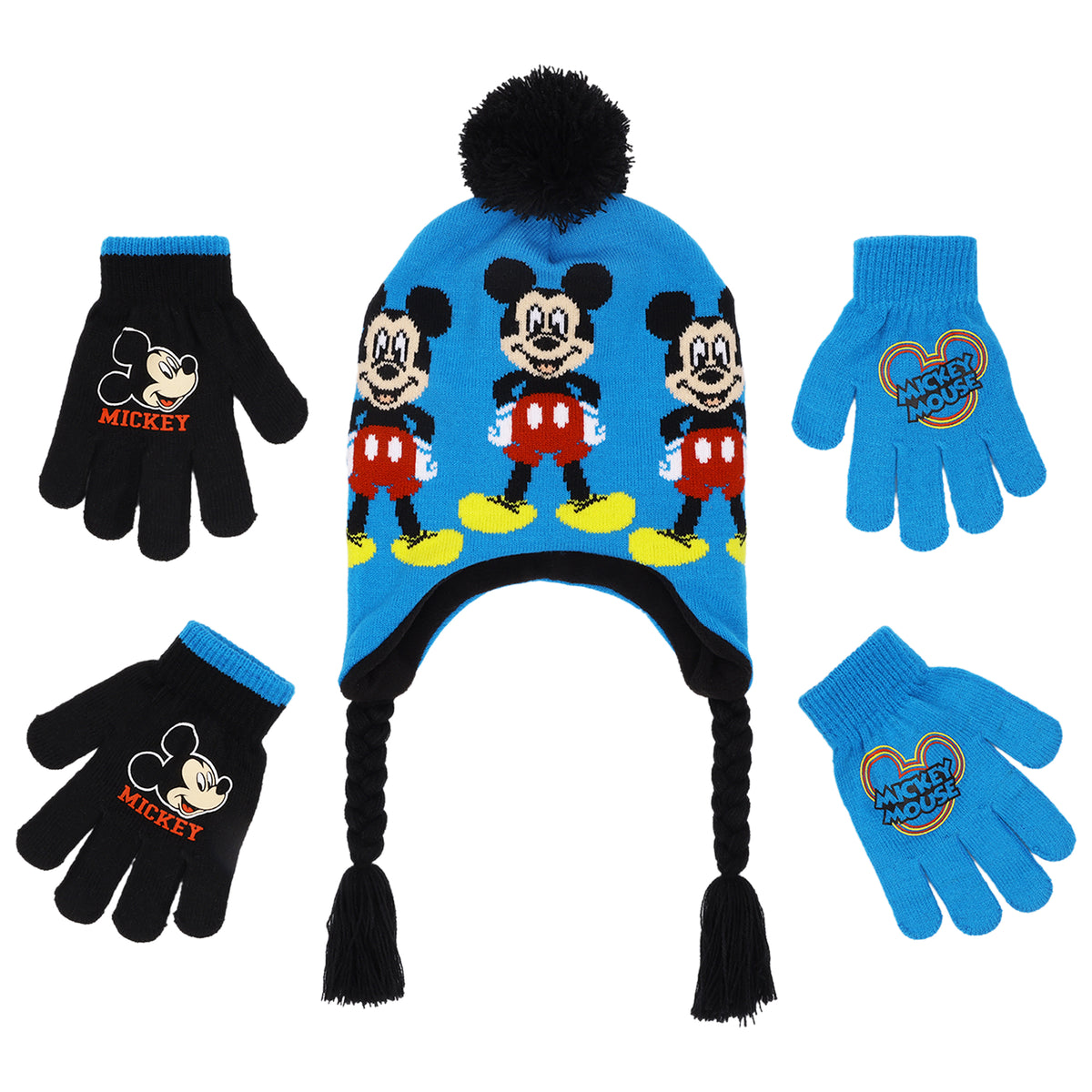 Disney Mickey Mouse Boys Winter Hat & 2-Pair Gloves Set – Blue, Ages 4–7