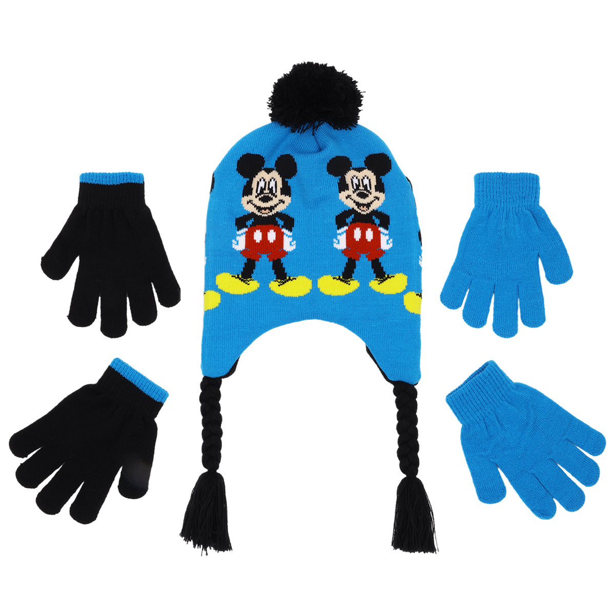 Disney Mickey Mouse Boys Winter Hat & 2-Pair Gloves Set – Blue, Ages 4–7